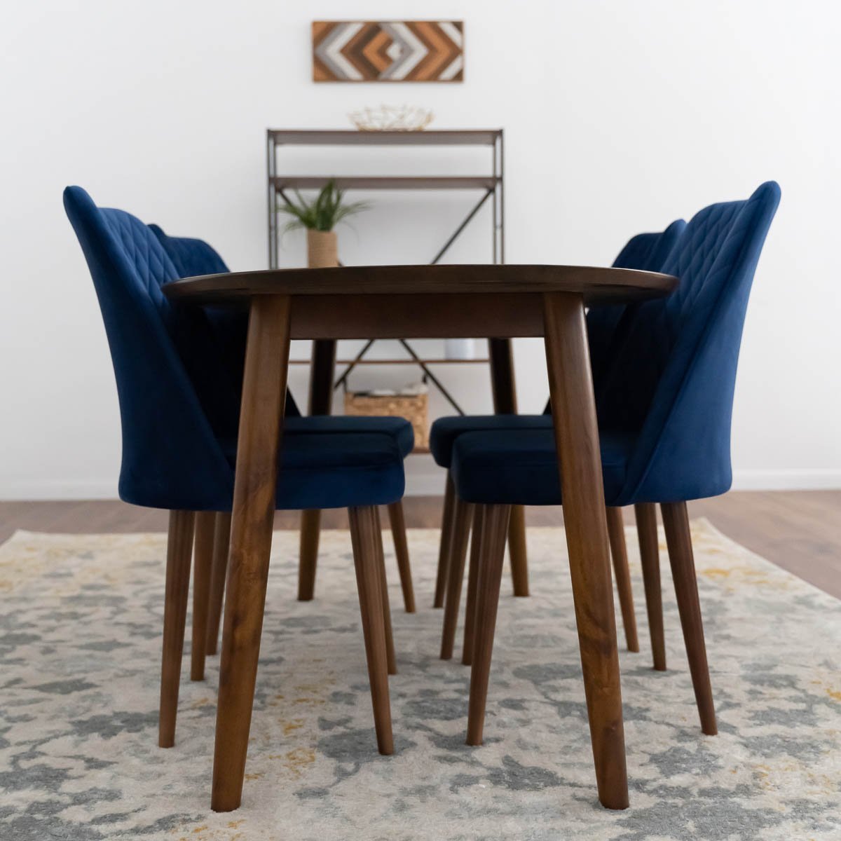 Rixos Dining set with 4 Evette Blue Dining Chairs Walnut