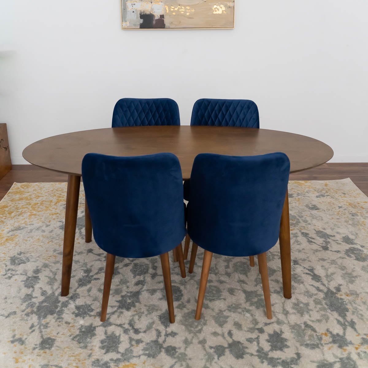 Rixos Dining set with 4 Evette Blue Dining Chairs Walnut