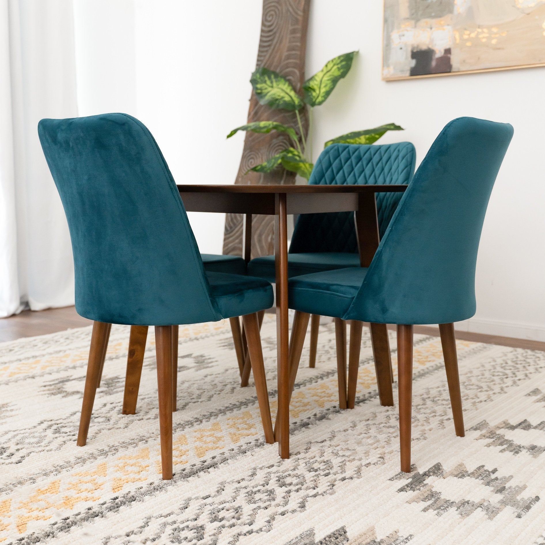 Aliana Walnut Table Dining Set with 4 Evette Teal Chairs