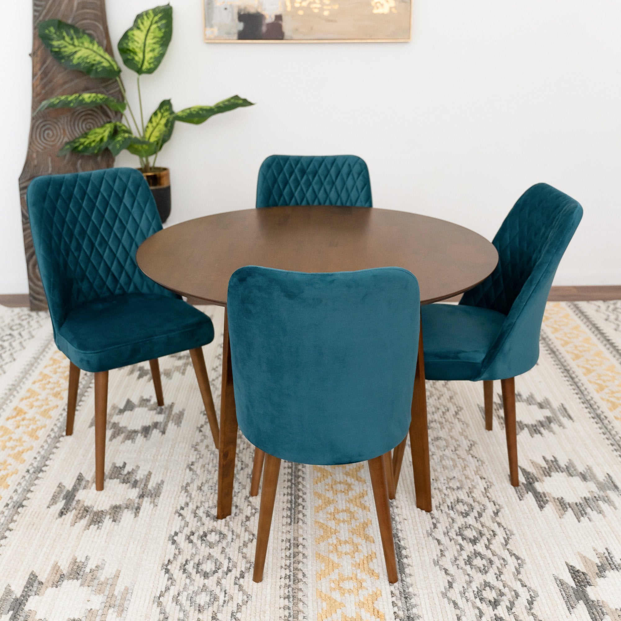 Aliana Walnut Table Dining Set with 4 Evette Teal Chairs