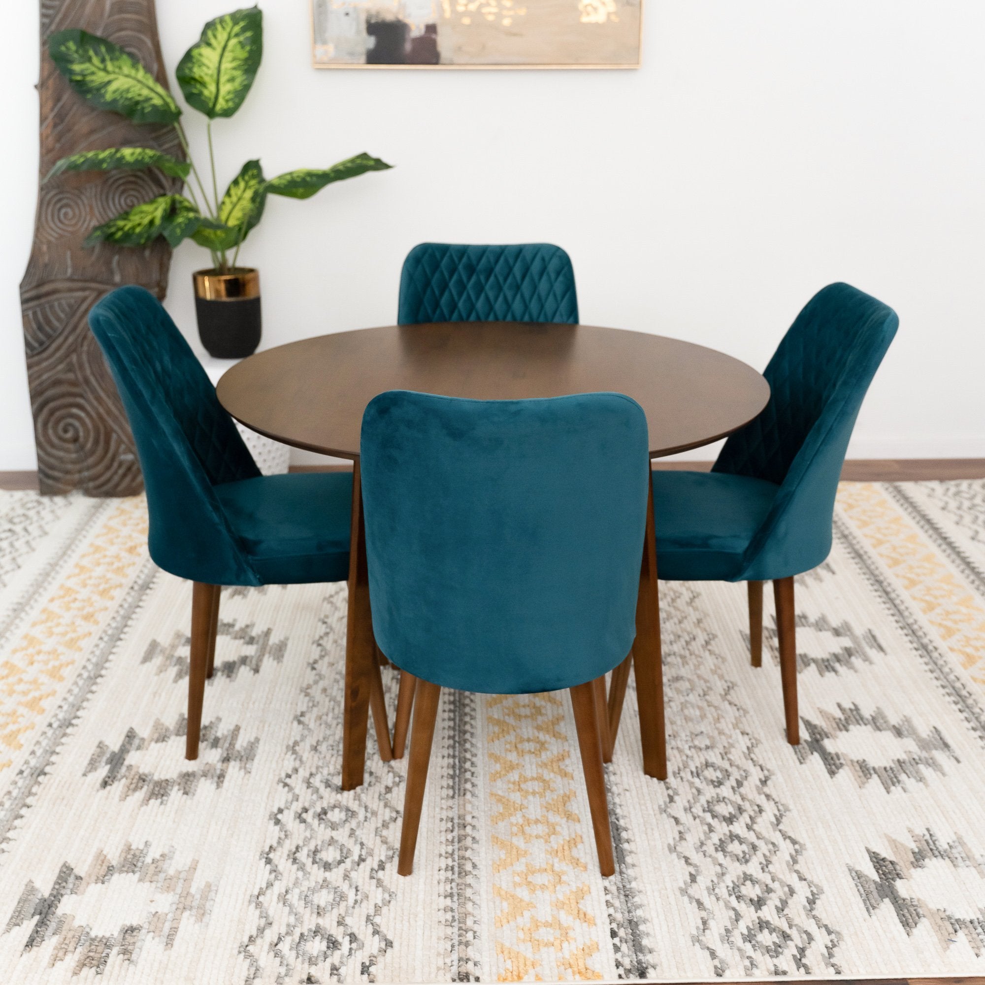 Aliana Walnut Table Dining Set with 4 Evette Teal Chairs