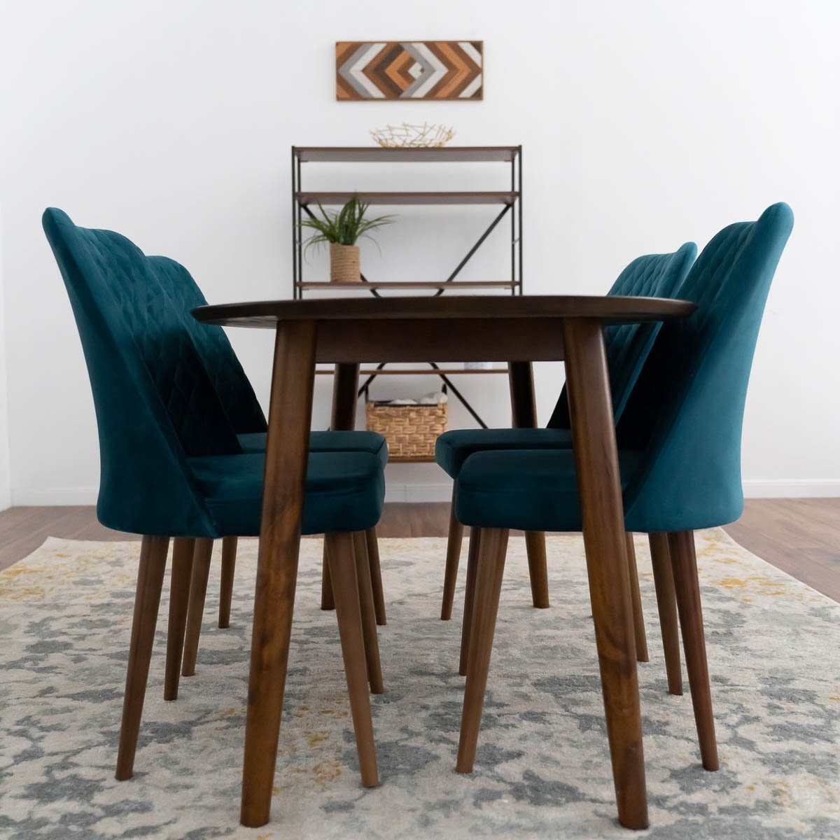 Rixos Dining set with 4 Evette Teal Dining Chairs Walnut