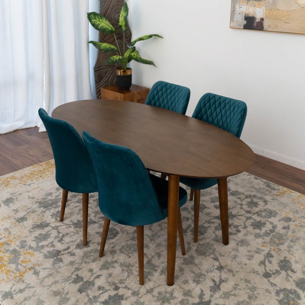 Rixos Dining set with 4 Evette Teal Dining Chairs Walnut