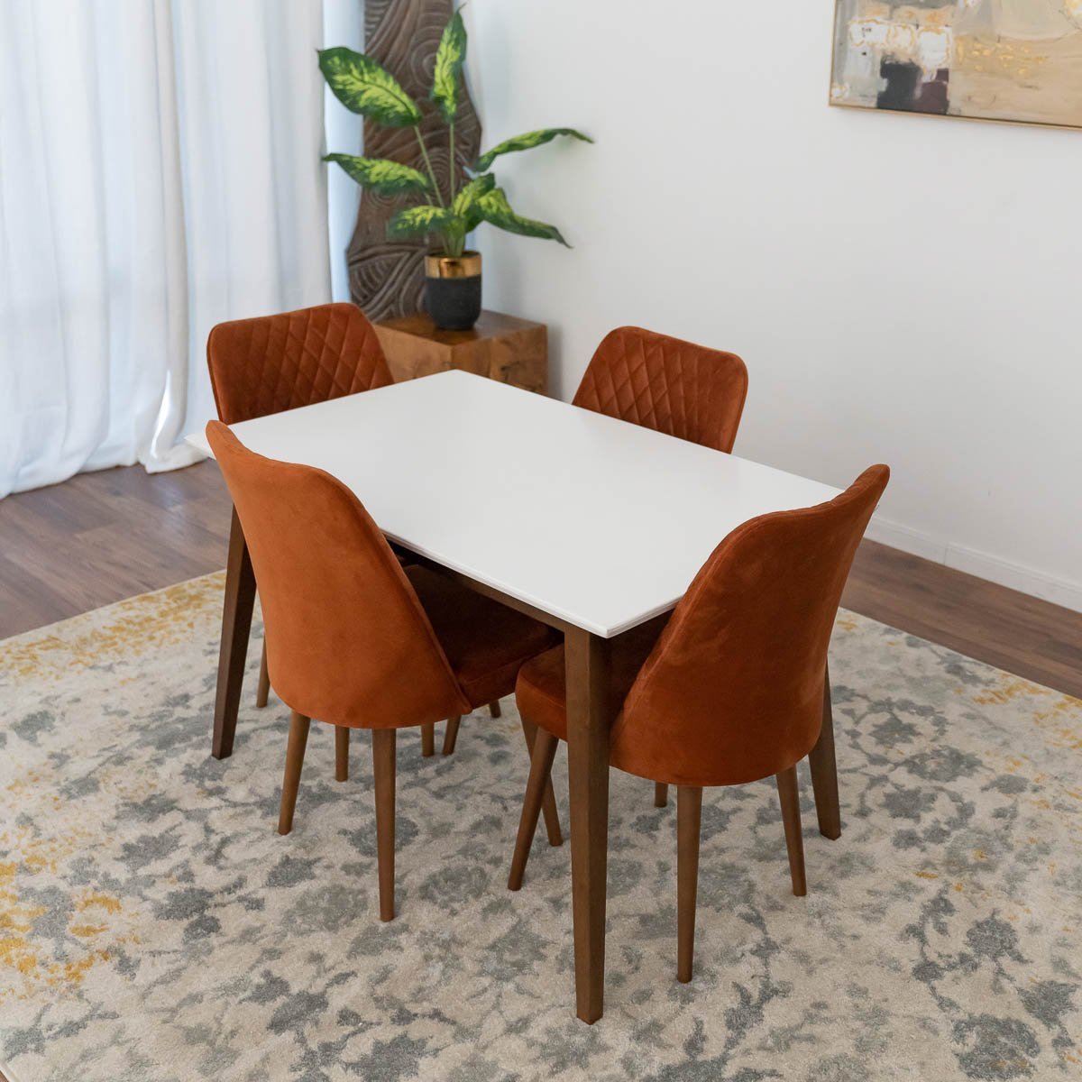 Alpine Small White Top Dining Set with 4 Evette Orange Dining Chairs