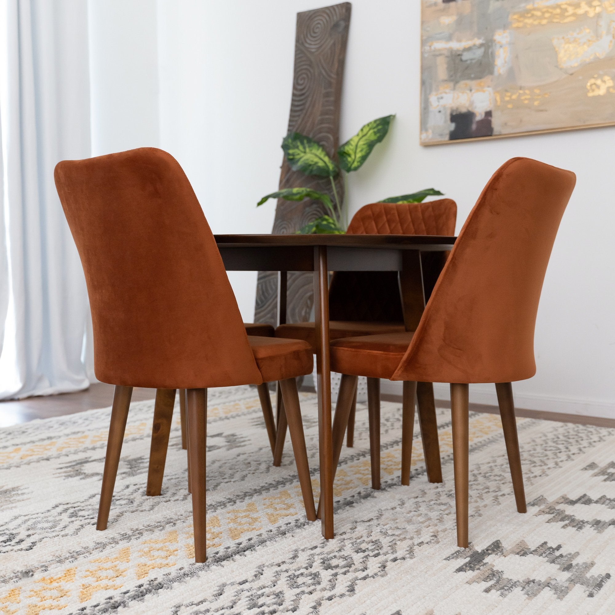 Aliana Dining Set with 4 Evette Orange Chairs Walnut