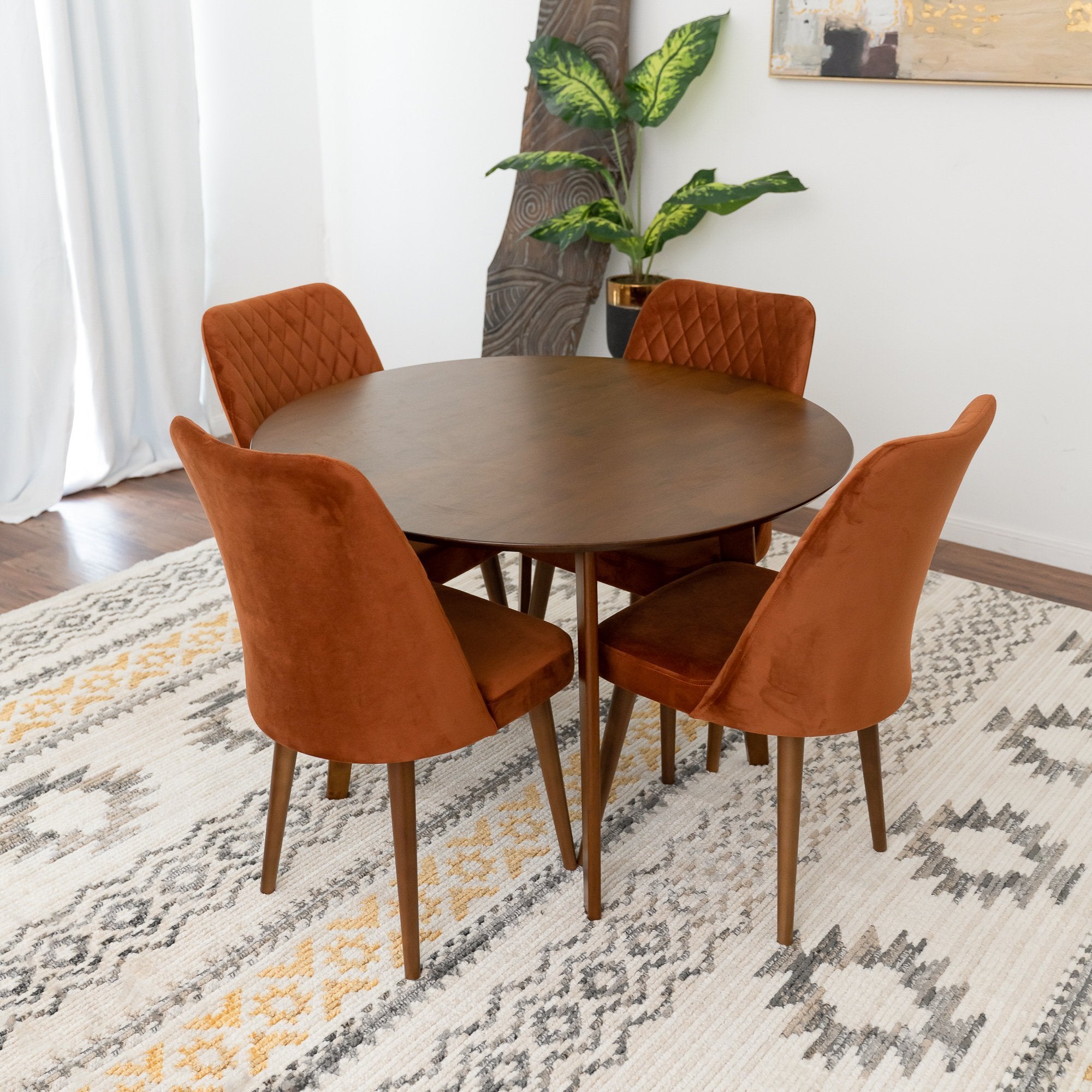 Aliana Dining Set with 4 Evette Orange Chairs Walnut