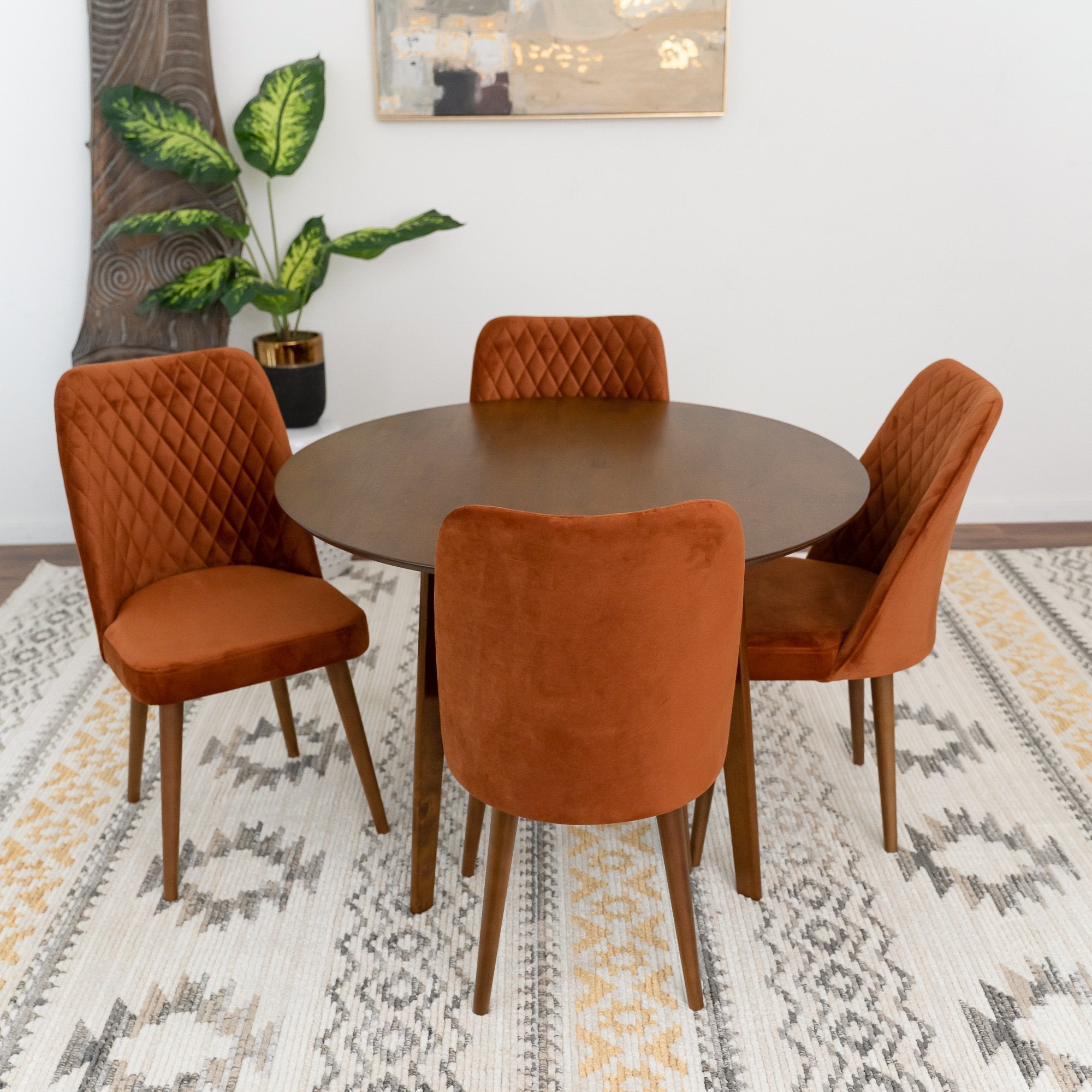 Aliana Dining Set with 4 Evette Orange Chairs Walnut