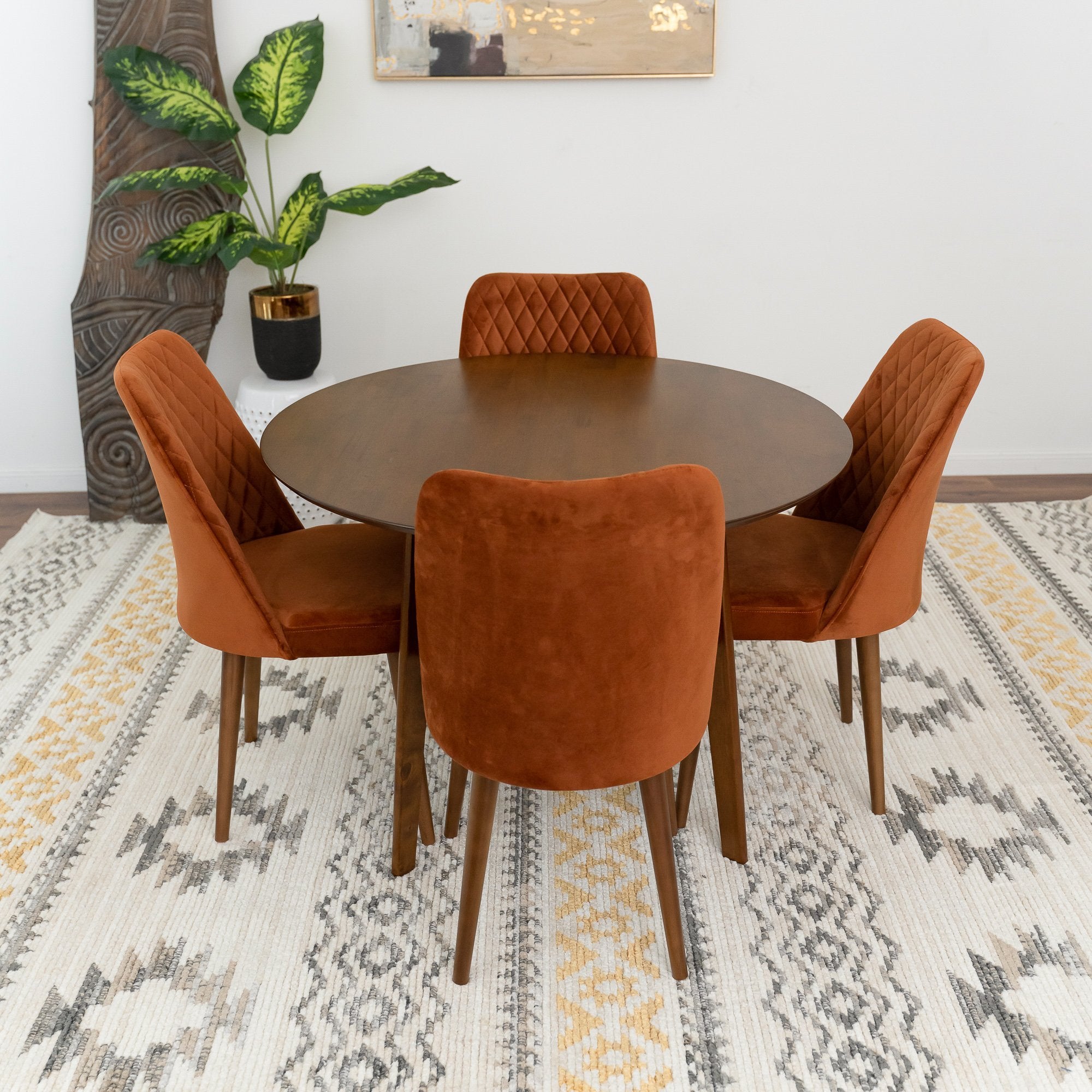 Aliana Dining Set with 4 Evette Orange Chairs Walnut