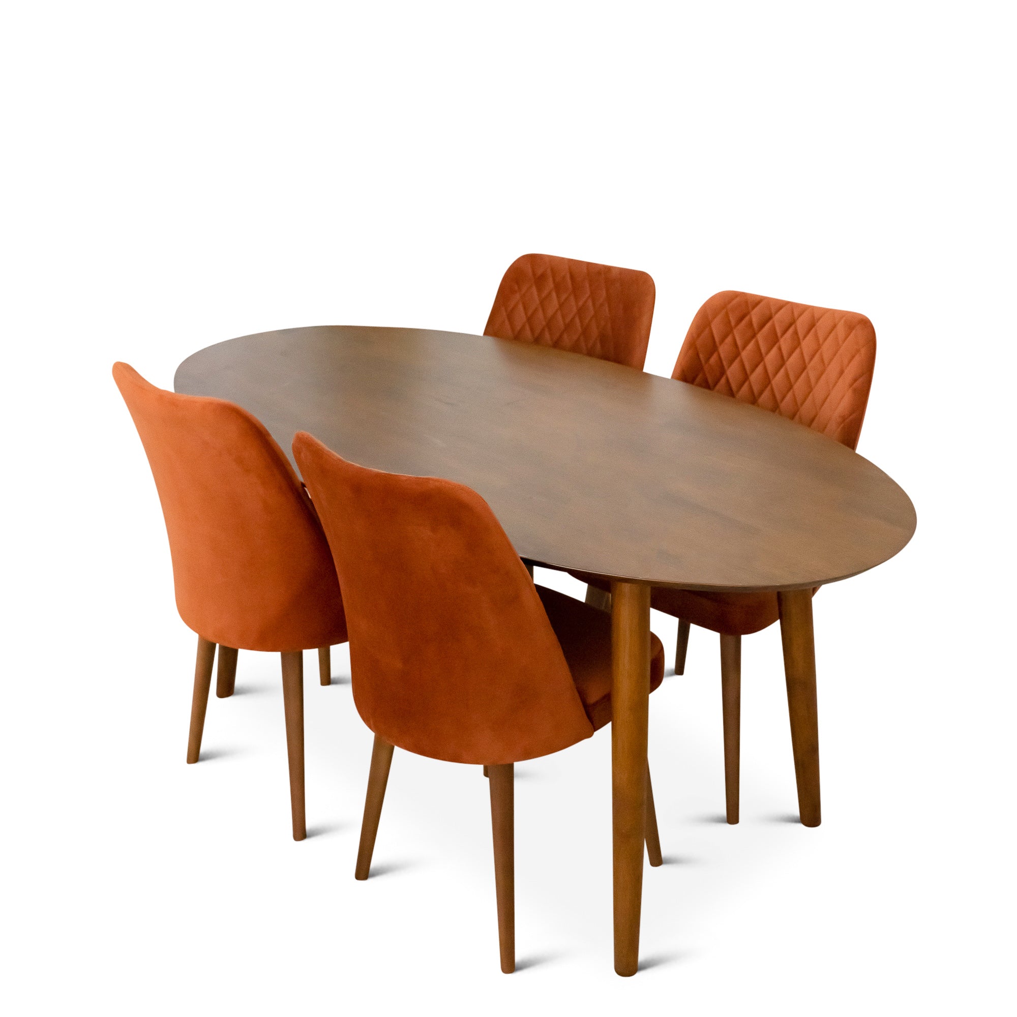 Rixos Dining set with 4 Evette Orange Dining Chairs Walnut