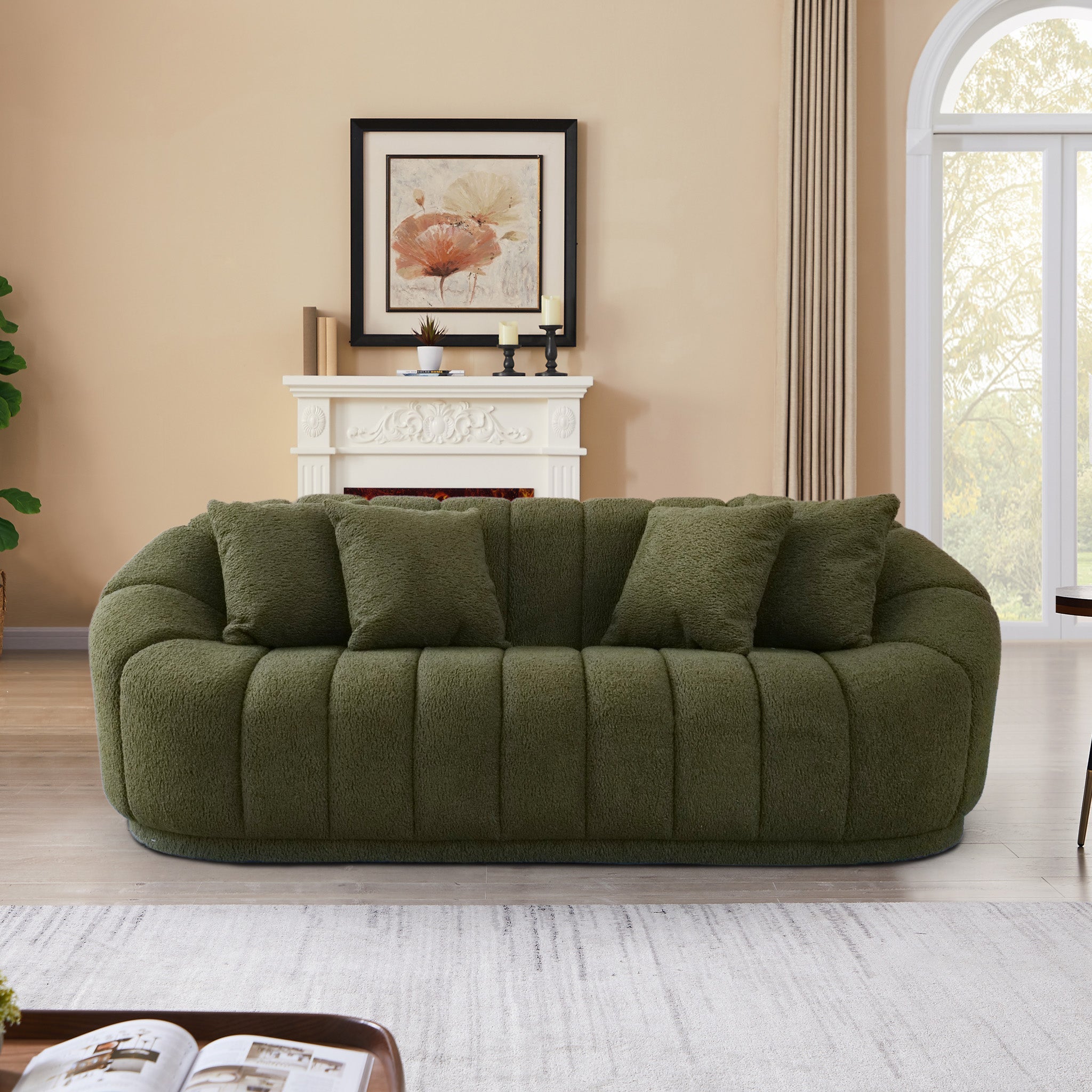 Forrester Sofa Modern Japandi Style Tight Back Green Boucle