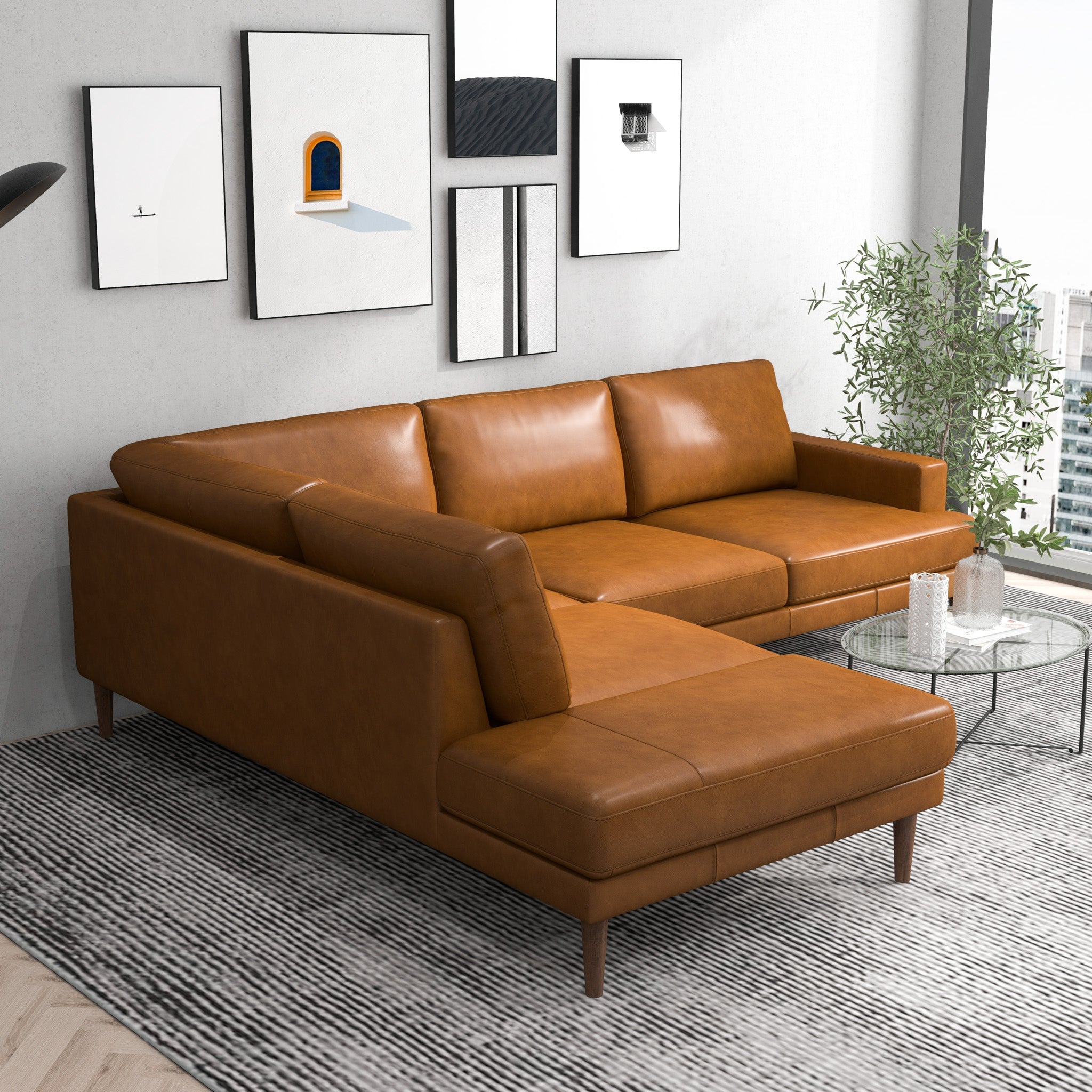 Harmony Tan Leather Sectional Sofa Left Facing Chaise