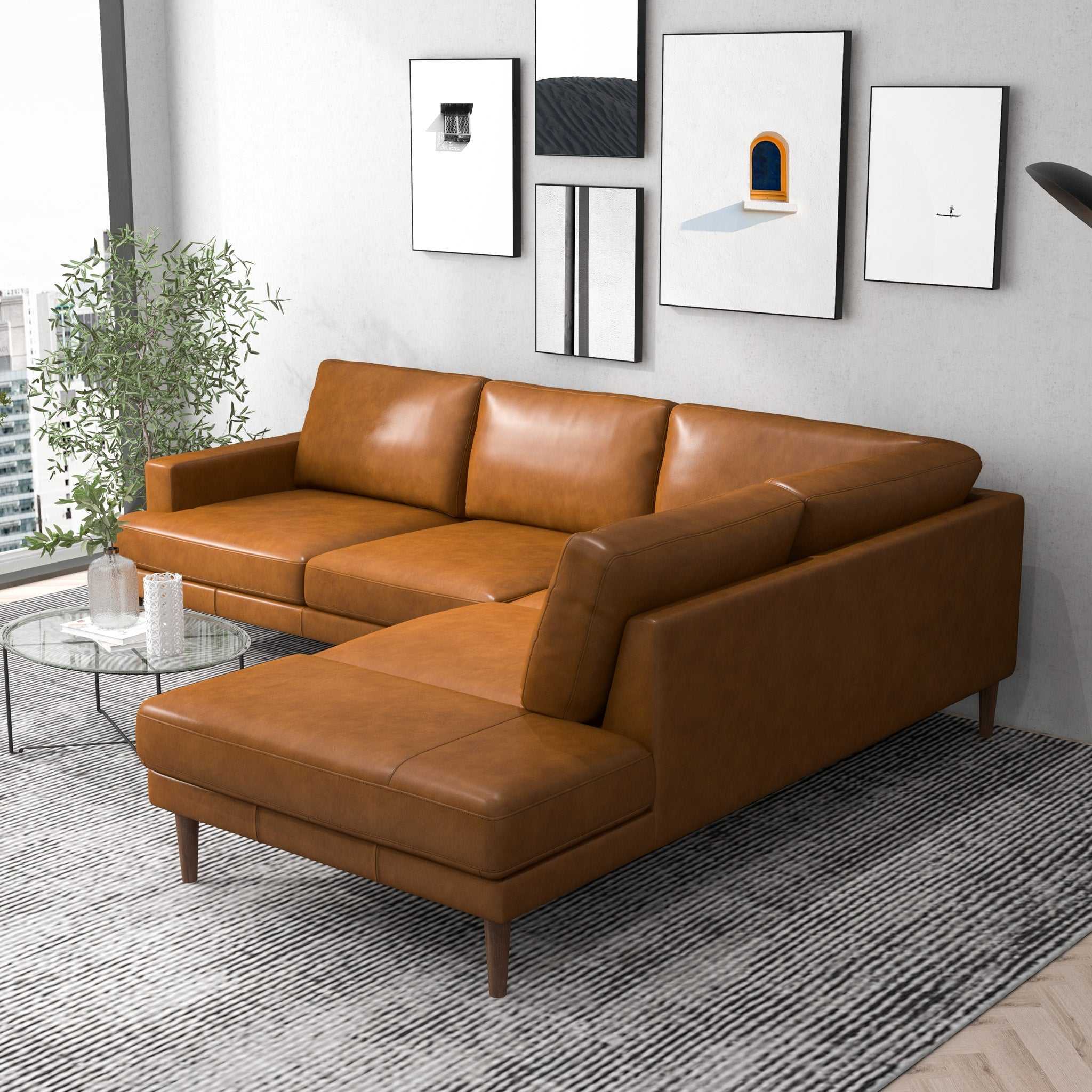 Harmony Tan Leather Sectional Sofa Right Facing Chaise