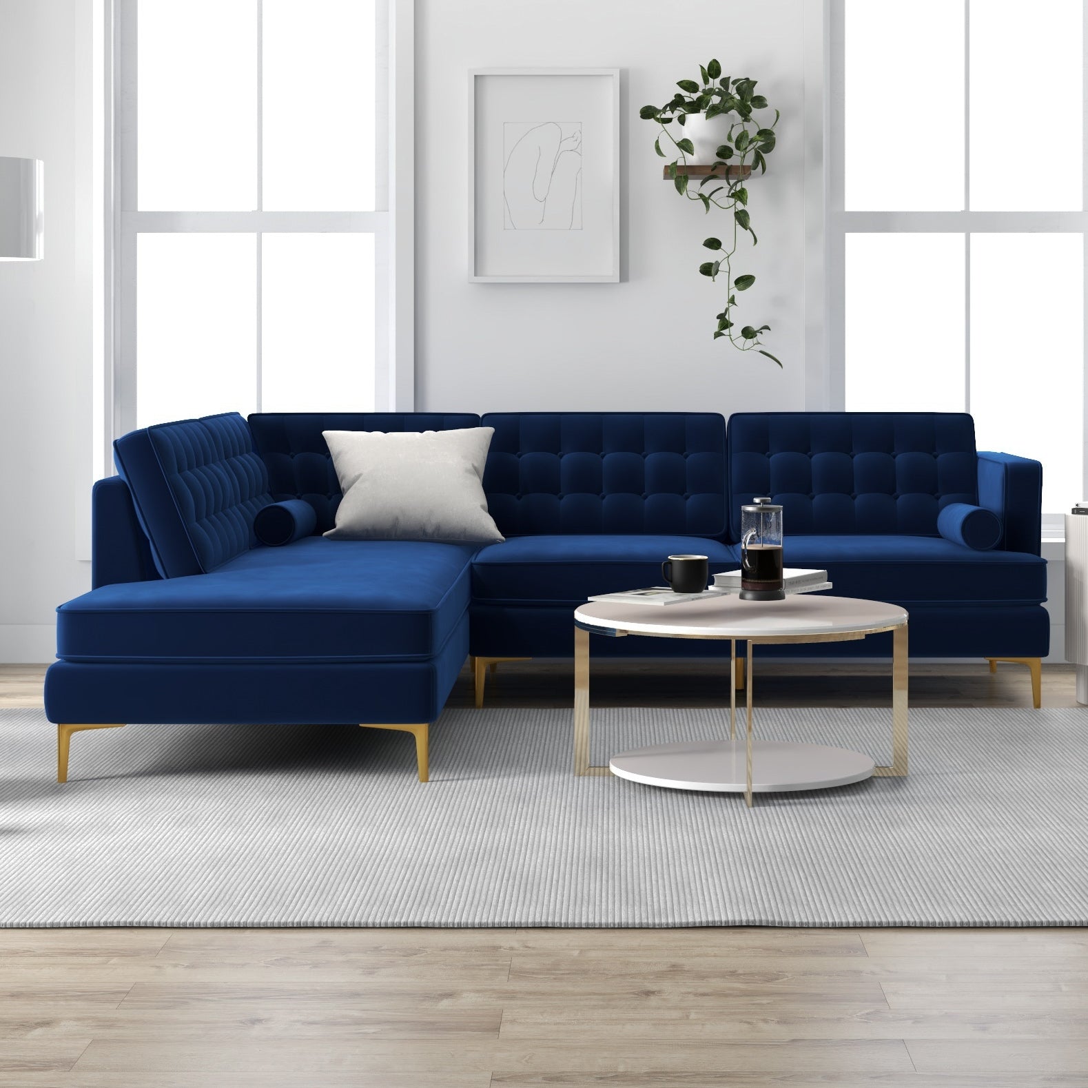 Caleb Sectional Sofa Blue Velvet Left Chaise