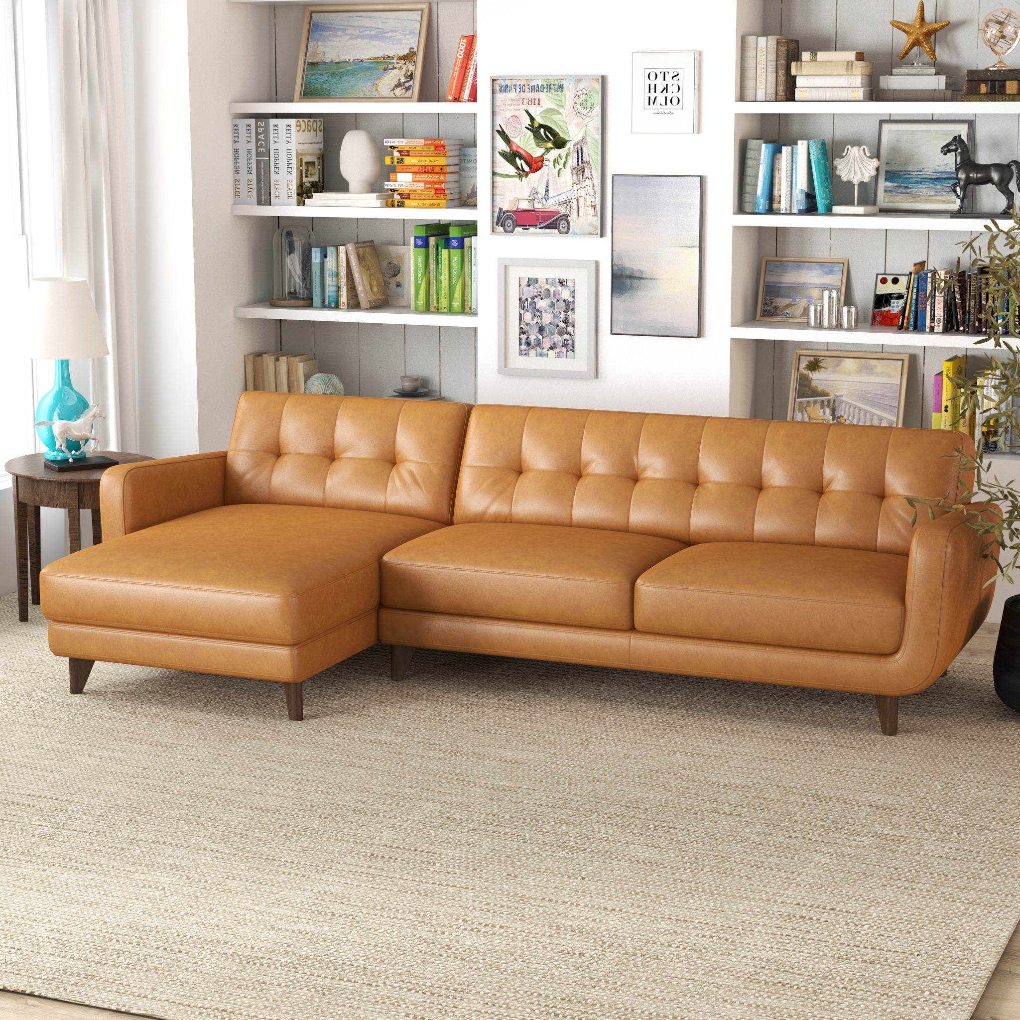 Cassie Tan Leather Sectional Sofa Left Facing Chaise