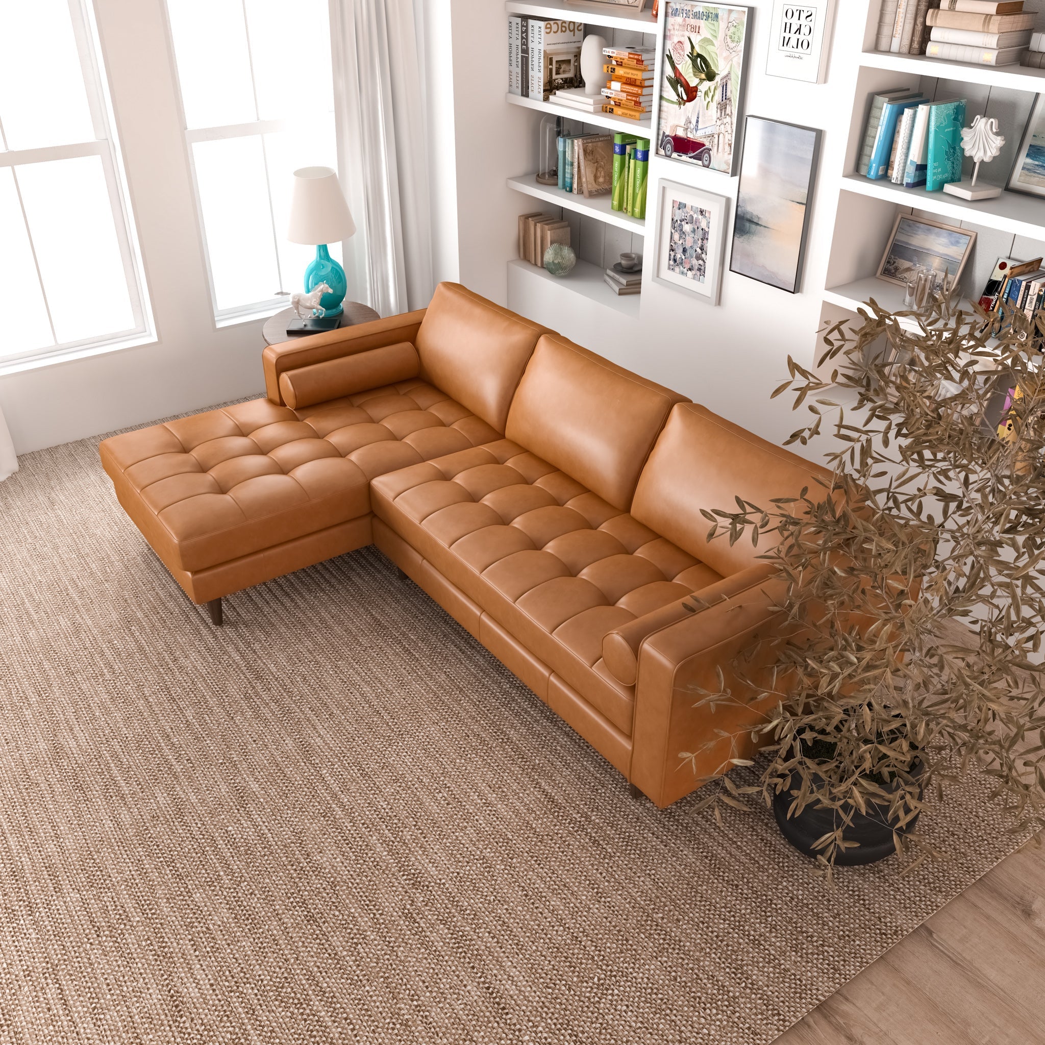 Daphne Leather L Shape Corner Sofa Tan Left Facing