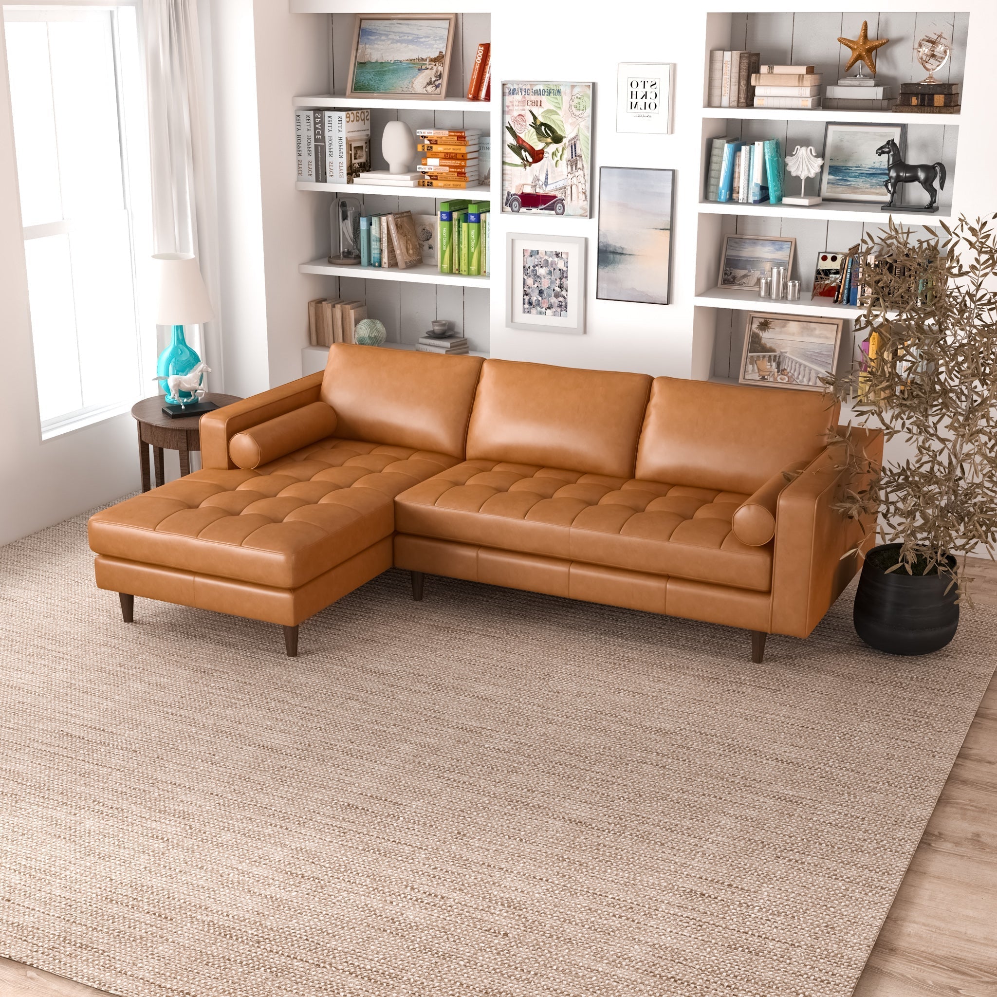 Daphne Leather L Shape Corner Sofa Tan Left Facing