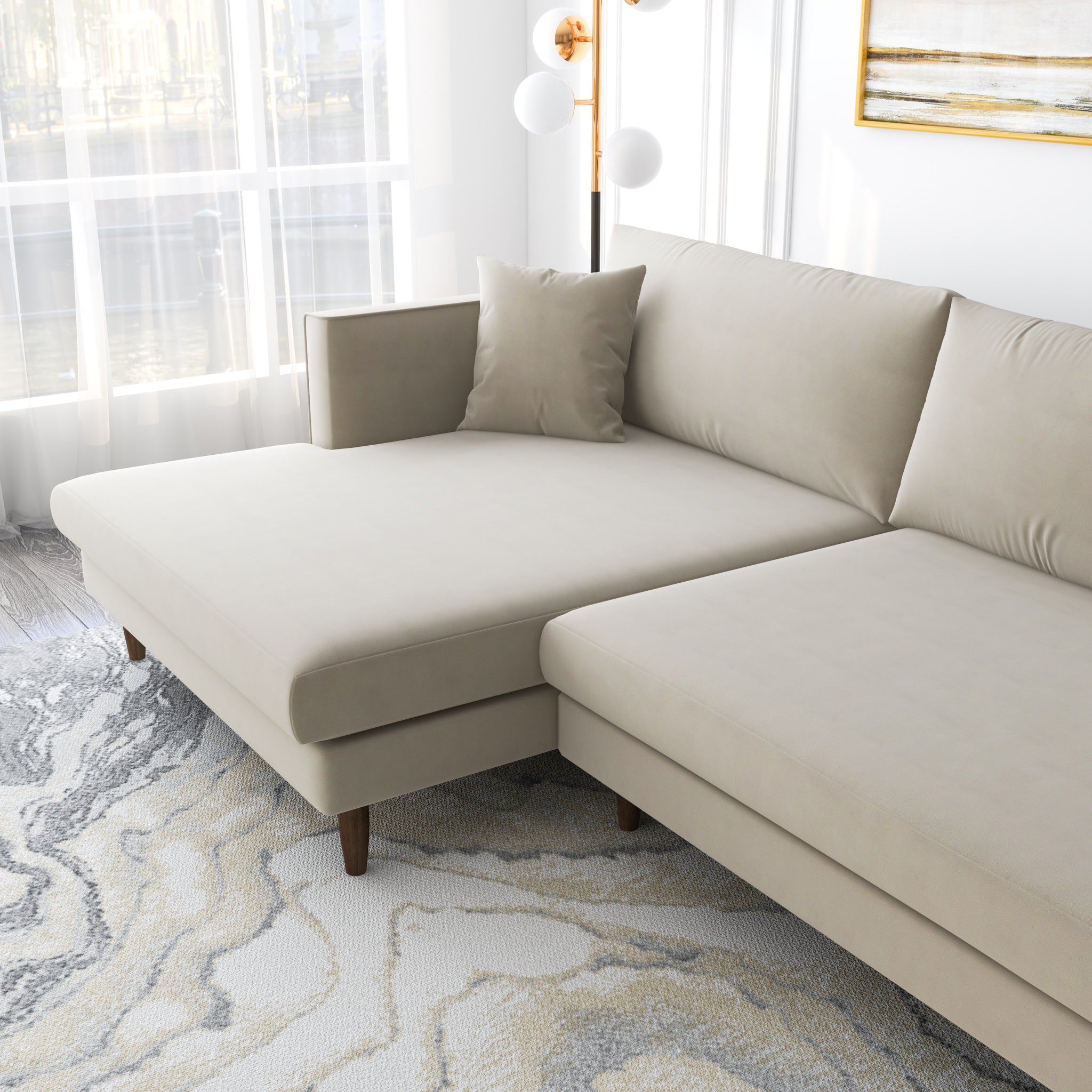 Delano L Shaped Beige Velvet Sectional Sofa Left Facing Chaise