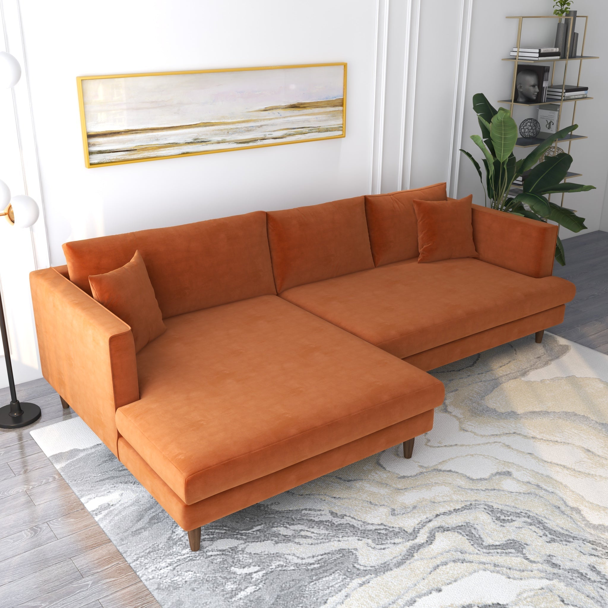 Delano Sectional Sofa Burnt Orange Velvet Left Facing Chaise