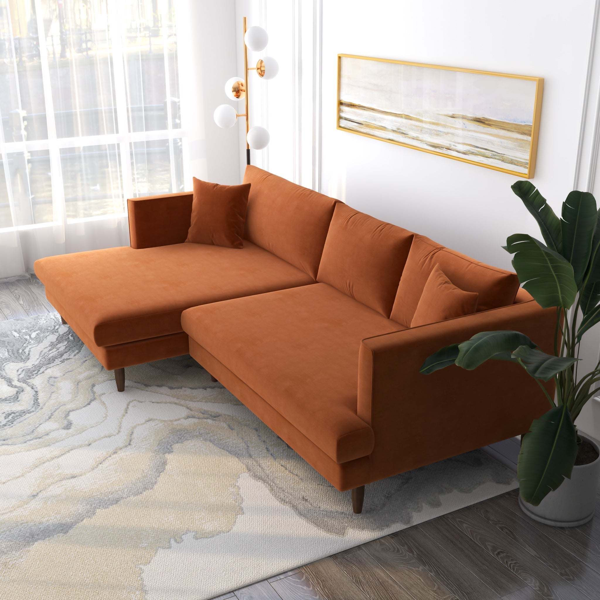 Delano Sectional Sofa Burnt Orange Velvet Left Facing Chaise