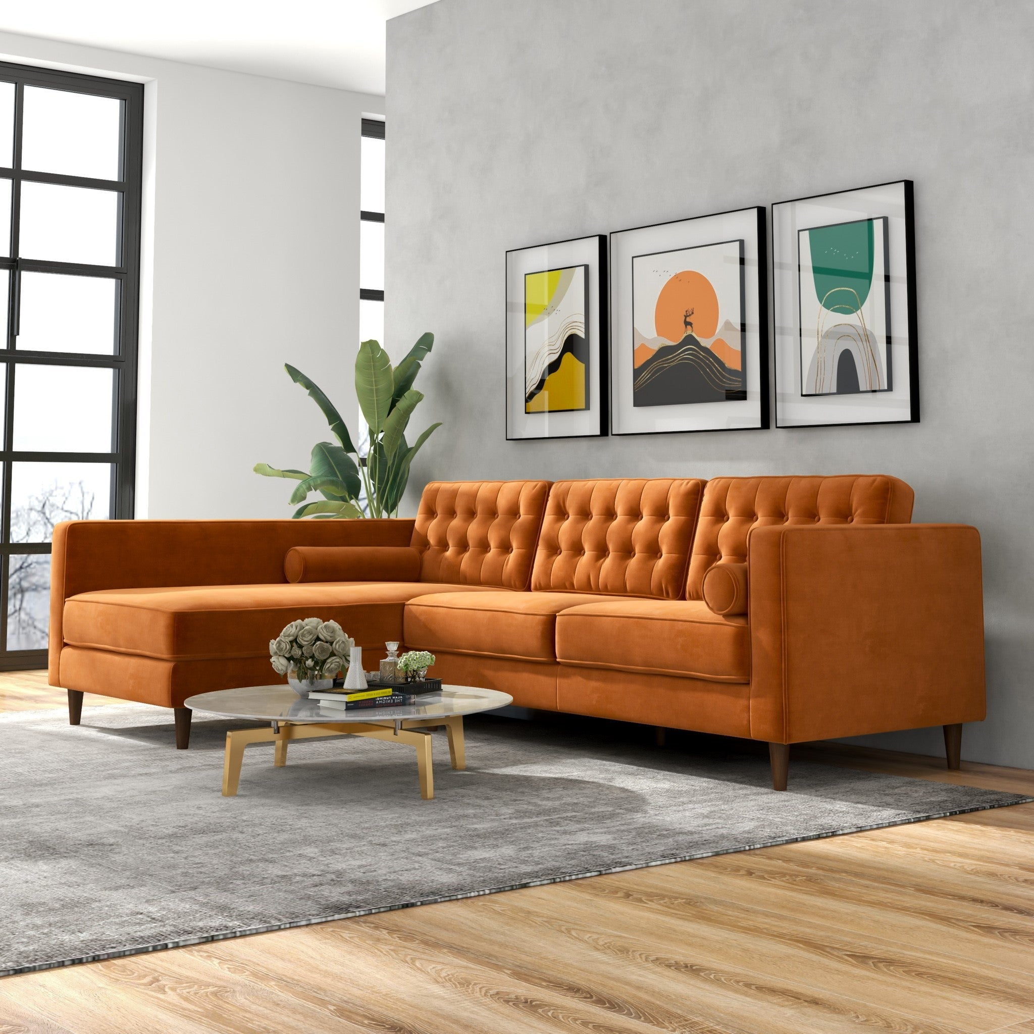 Olson Sectional Sofa Burnt Orange Velvet Left Chaise