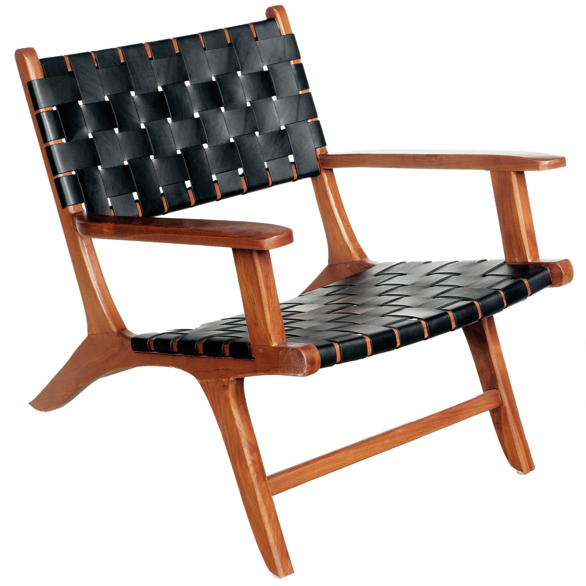 Lento Black Strap Leather Teak Wood Lounge Chair