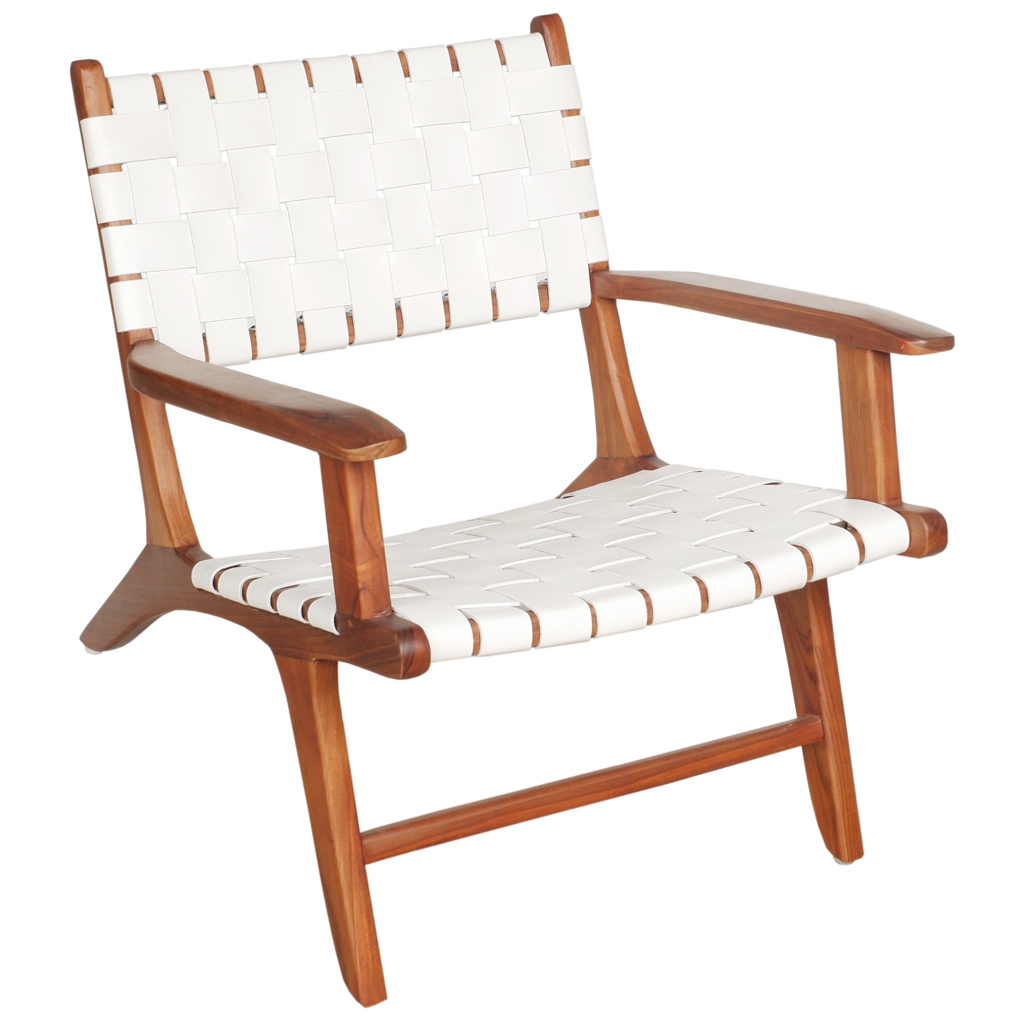 Lento White Strap Leather Teak Wood Lounge Chair