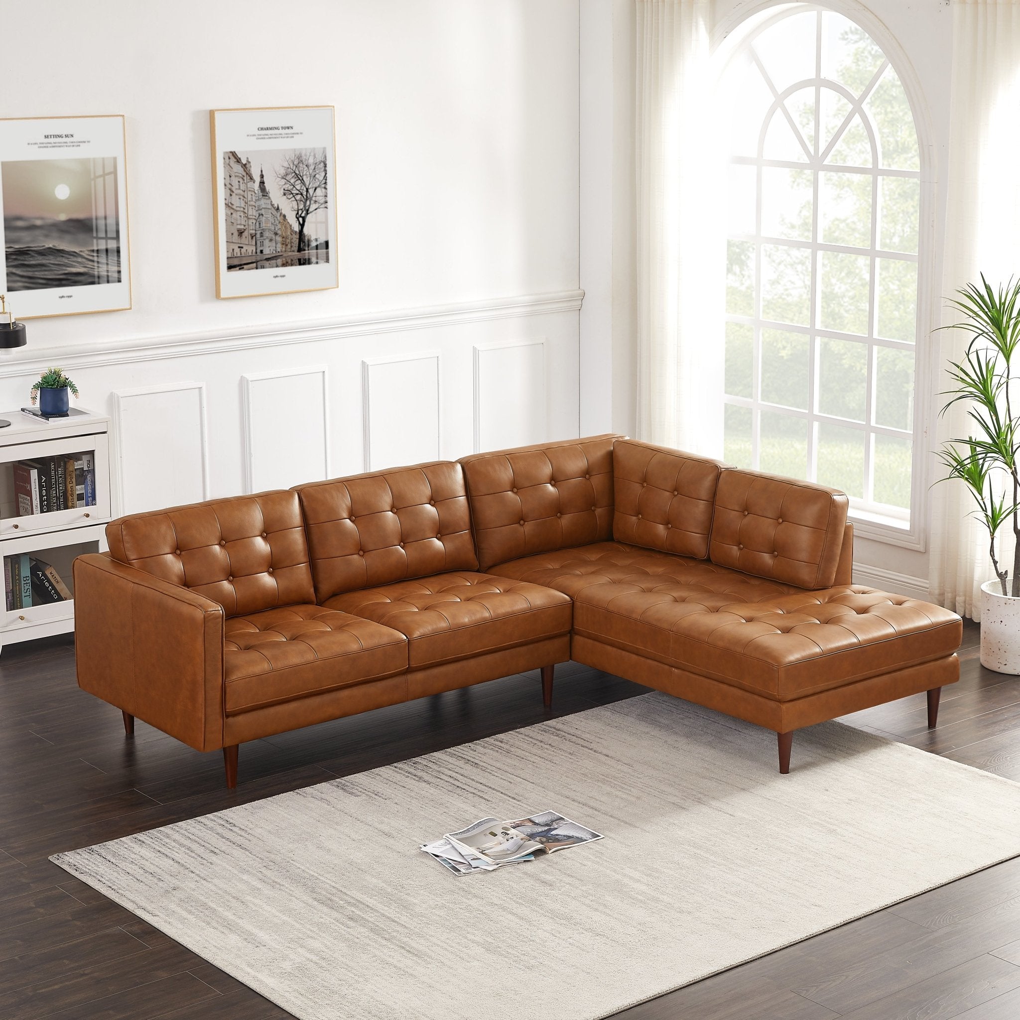 Lugano L Shaped Genuine Leather Right Facing Sectional Sofa Cognac