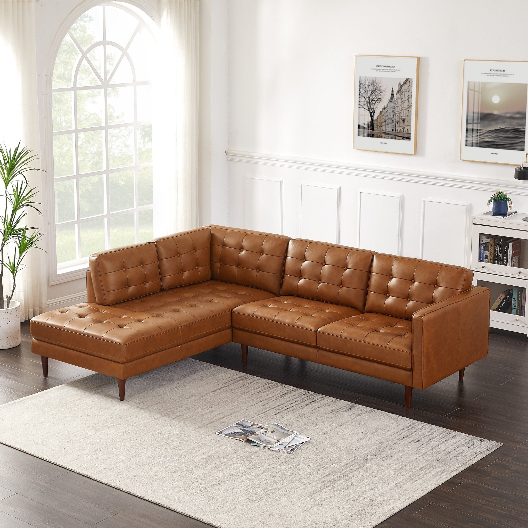 Lugano L Shaped Genuine Leather Left Facing Sectional Sofa Cognac