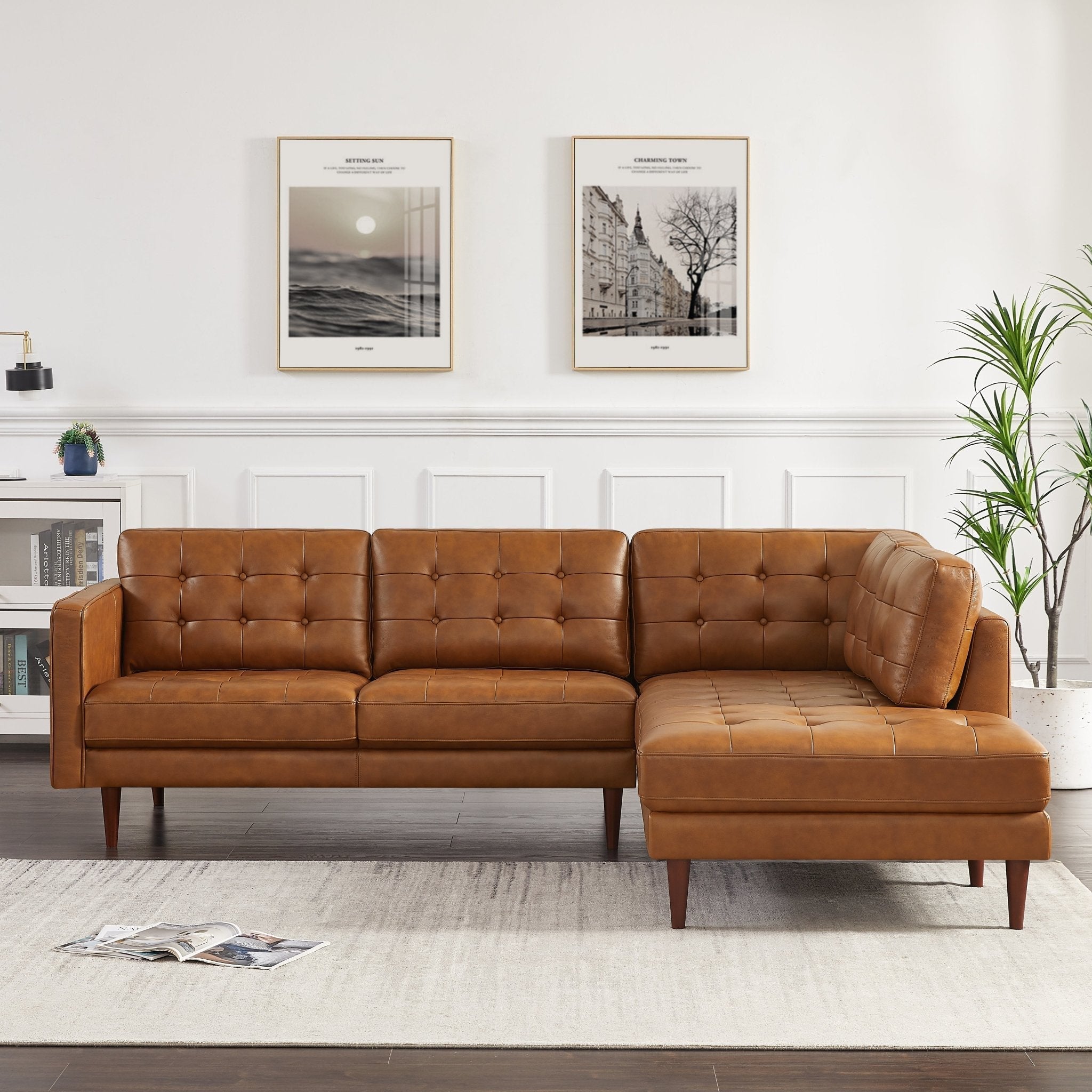 Lugano L Shaped Genuine Leather Right Facing Sectional Sofa Cognac