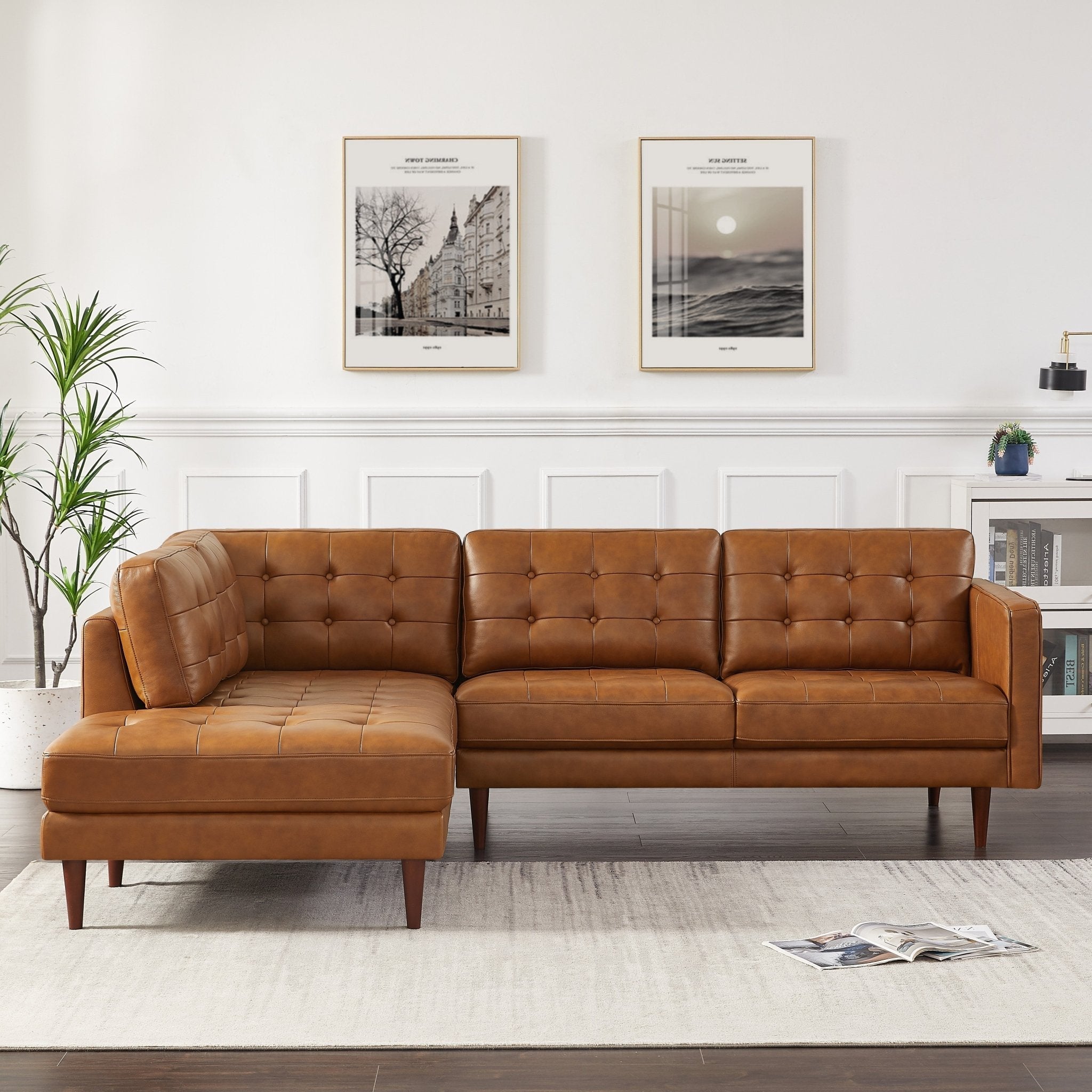 Lugano L Shaped Genuine Leather Left Facing Sectional Sofa Cognac