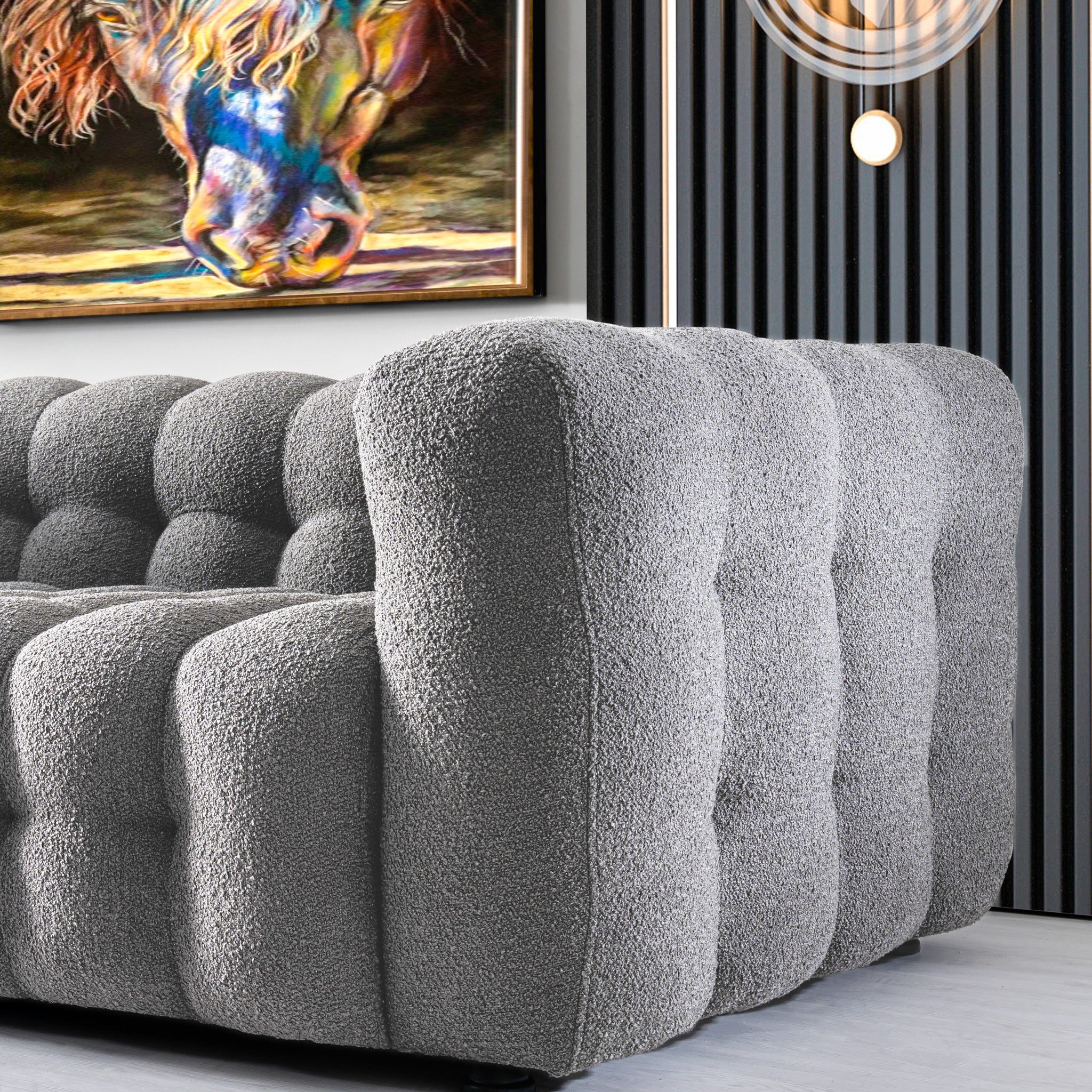 Marceille Sofa Luxury Modern Chesterfield Boucle in Light Gray