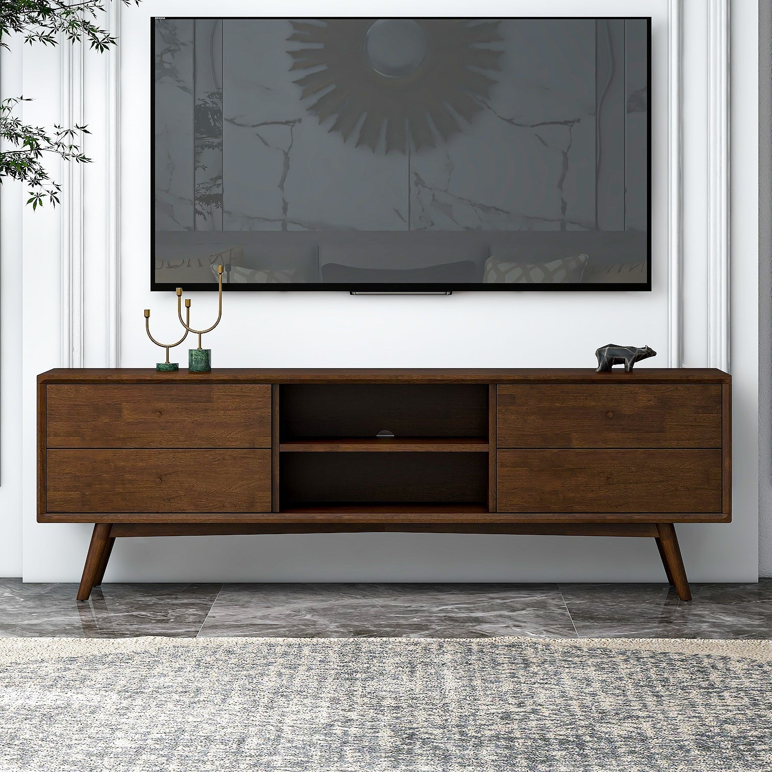 Noak Mid Century Modern Style Walnut TV Stand up to 72"