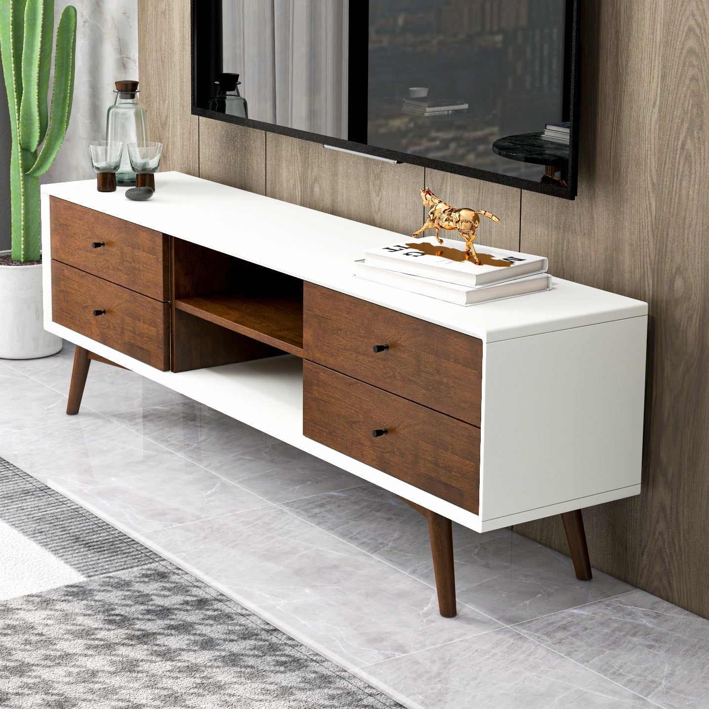 Noak Mid Century Modern Style White TV Stand