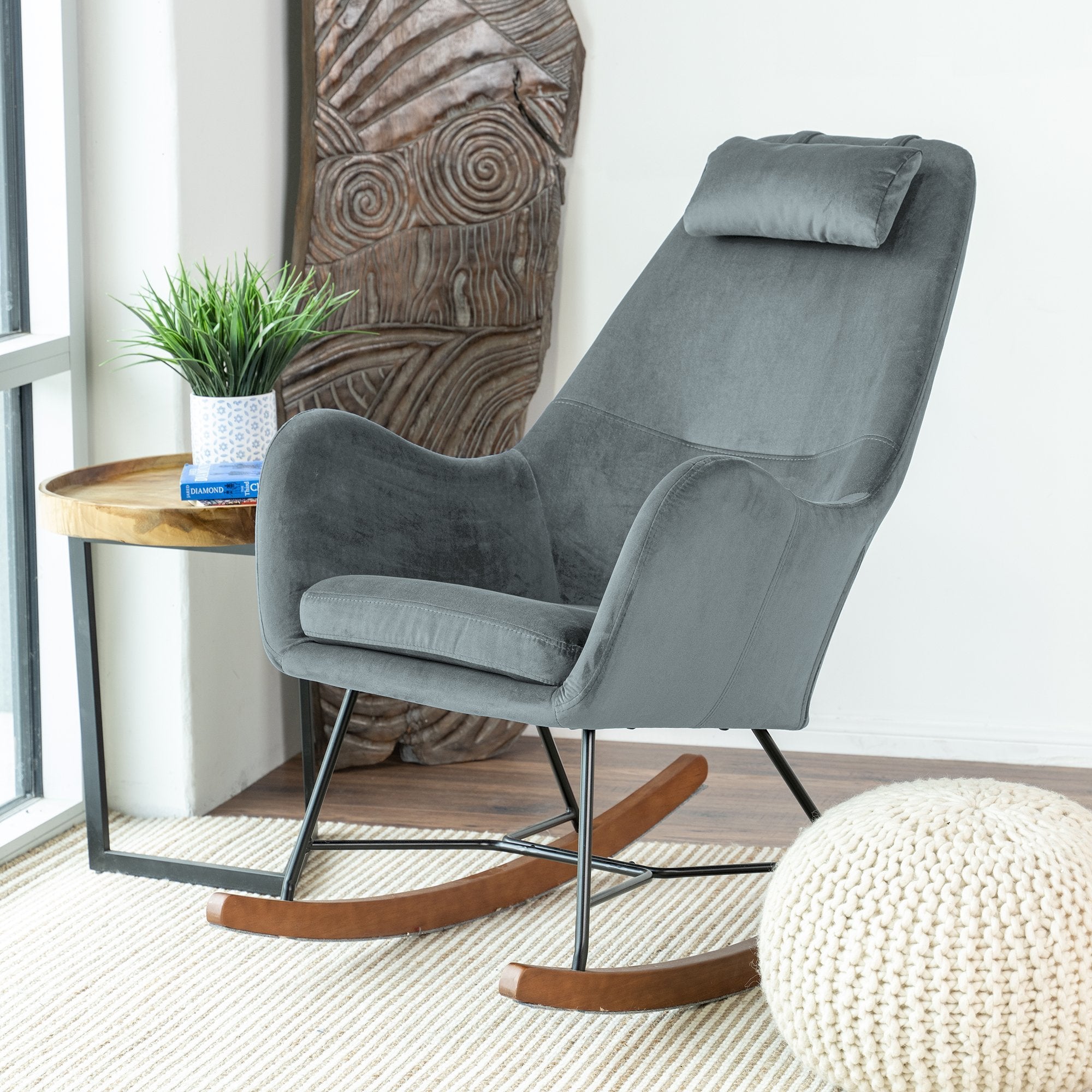 Rumi Gray Velvet Fabric Rocking Chair