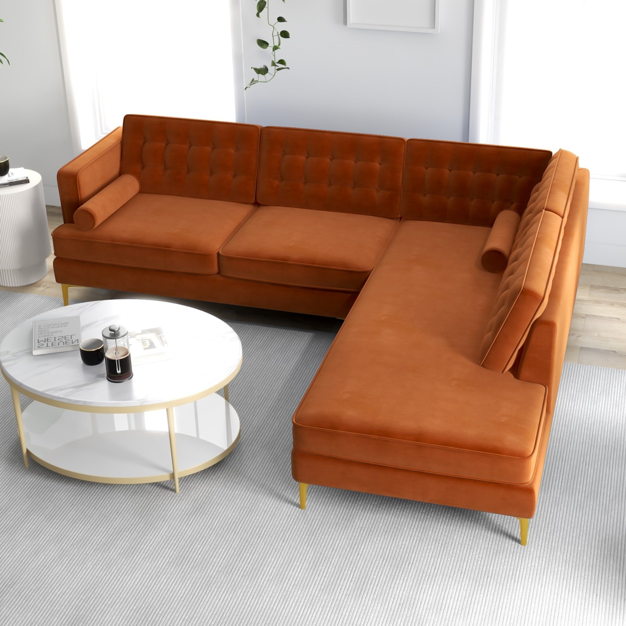 Caleb Sectional Sofa Burnt Orange Velvet Right Chaise