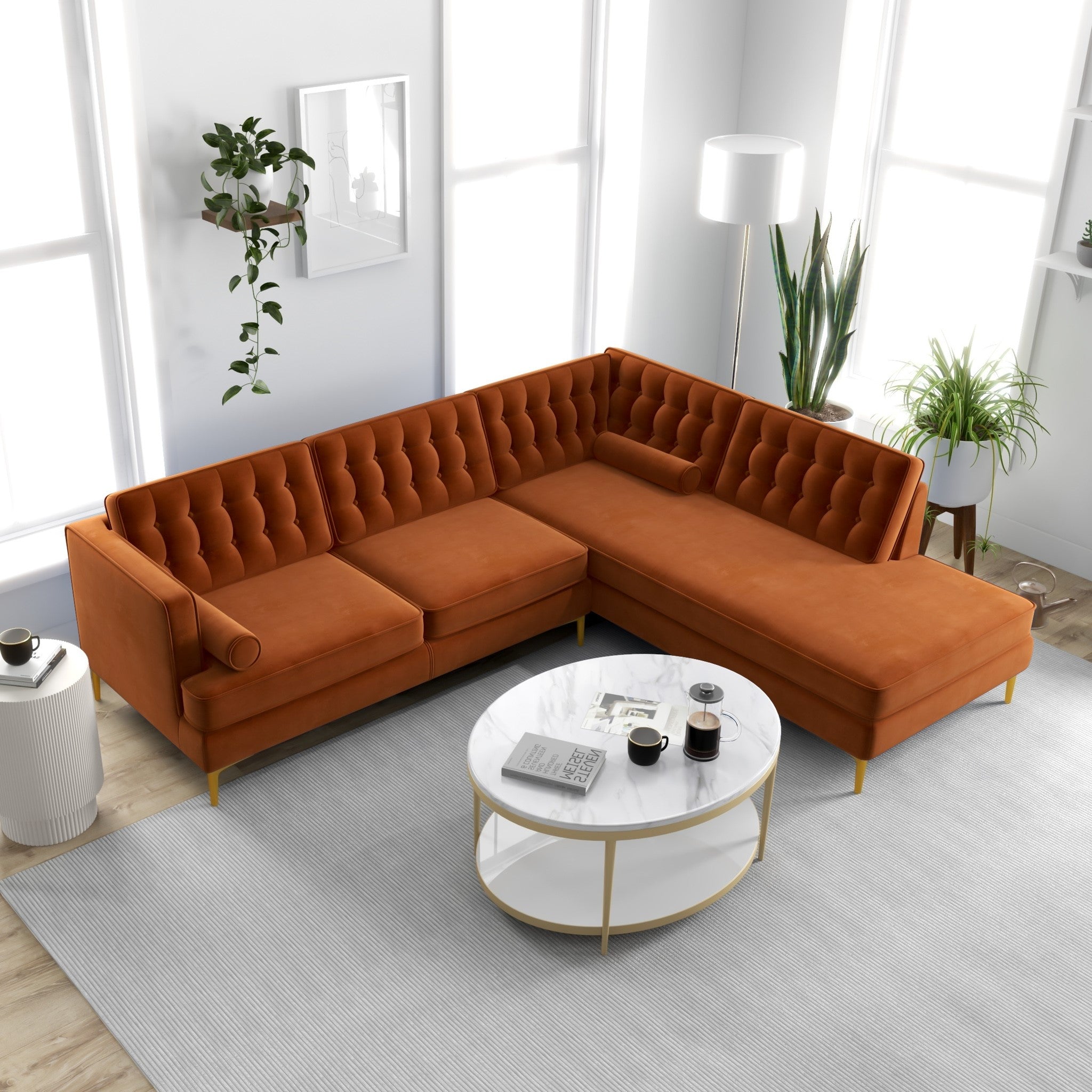 Caleb Sectional Sofa Burnt Orange Velvet Right Chaise