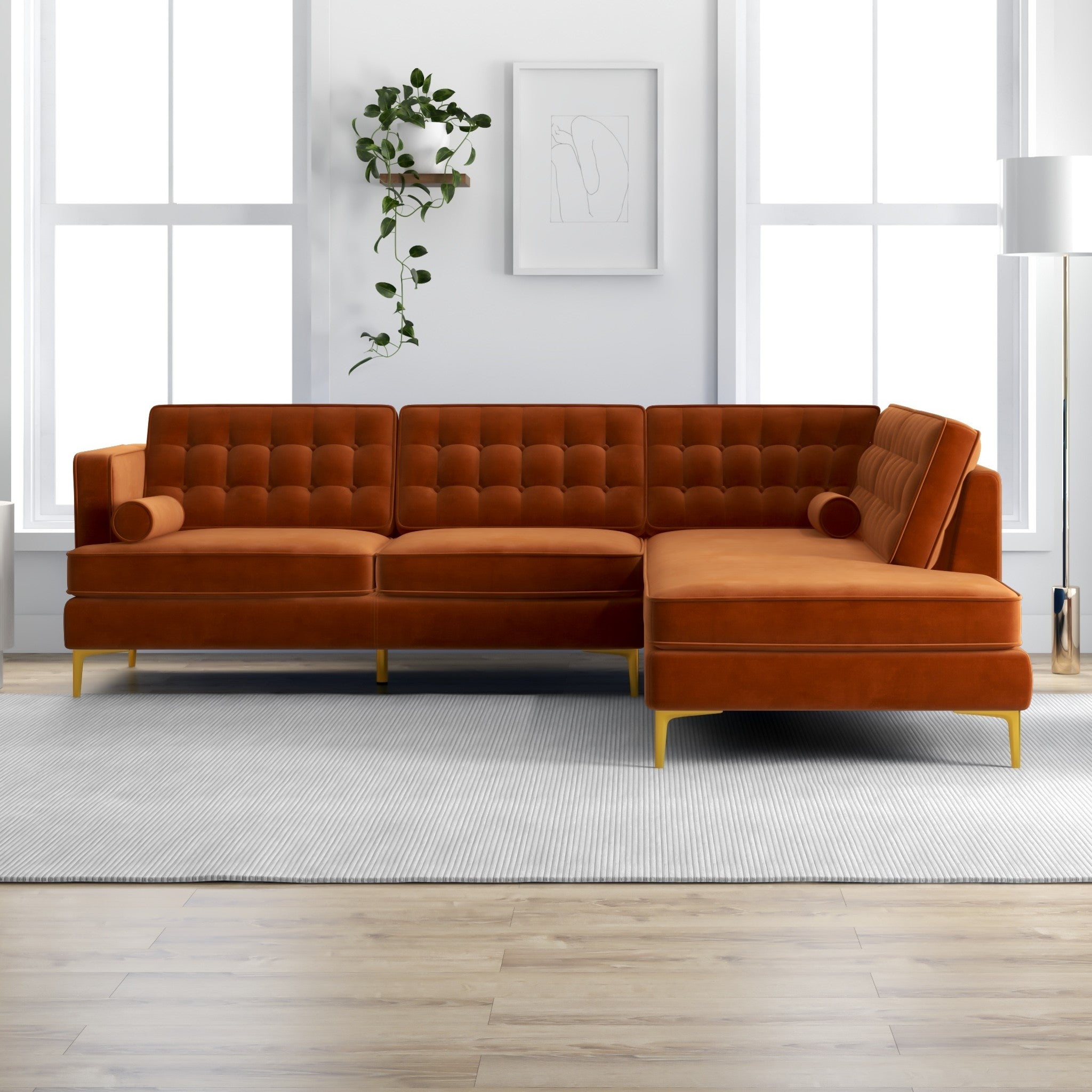 Caleb Sectional Sofa Burnt Orange Velvet Right Chaise