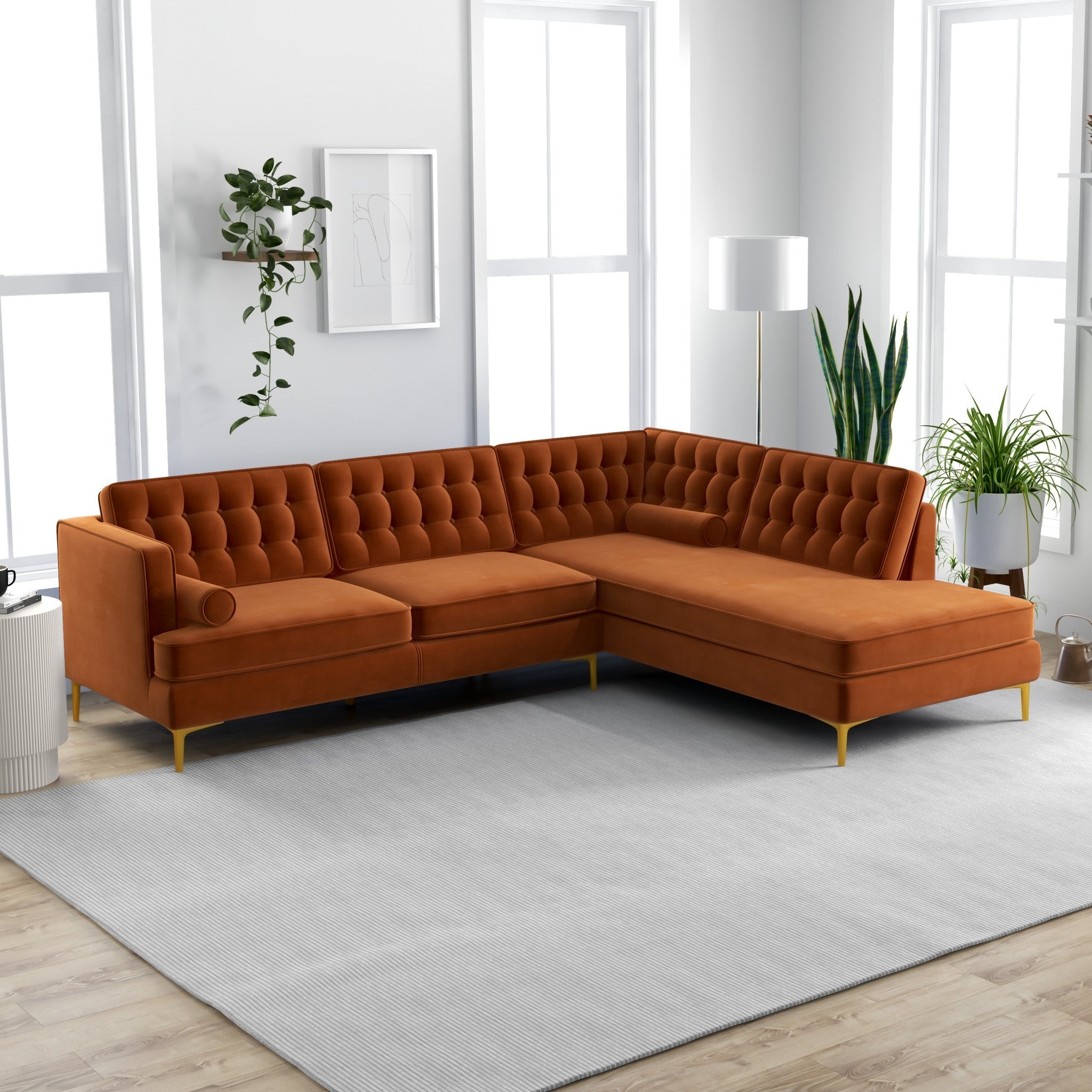 Caleb Sectional Sofa Burnt Orange Velvet Right Chaise