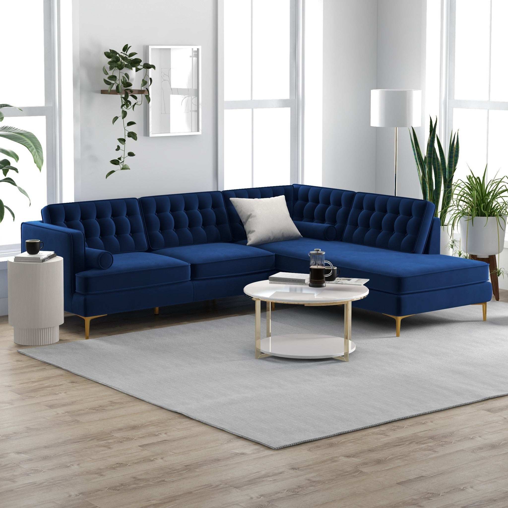 Caleb Sectional Sofa Blue Velvet Right Chaise