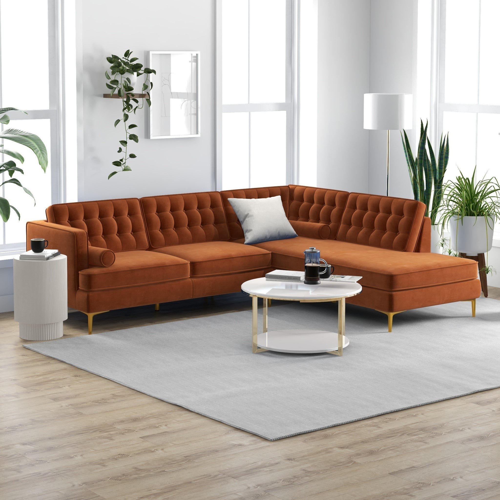 Caleb Sectional Sofa Burnt Orange Velvet Right Chaise