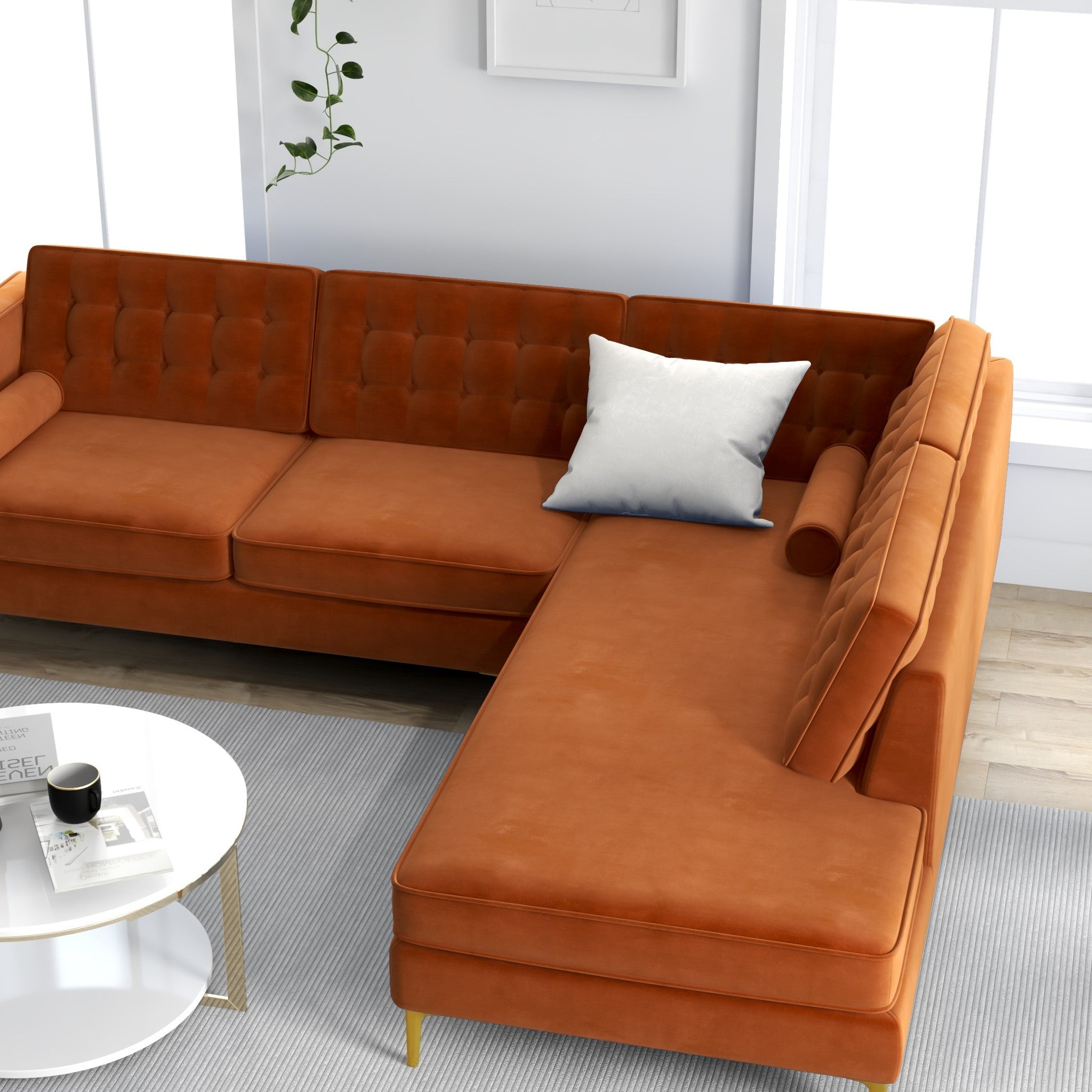 Caleb Sectional Sofa Burnt Orange Velvet Right Chaise