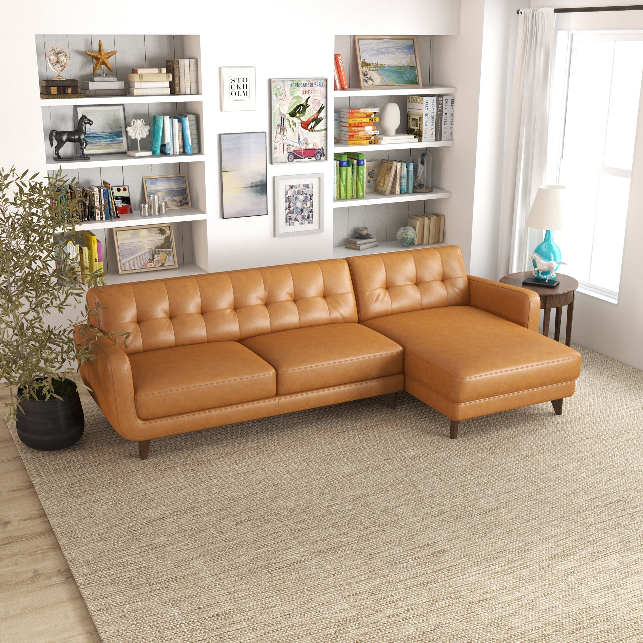 Cassie Tan Leather Sectional Sofa Right Facing Chaise