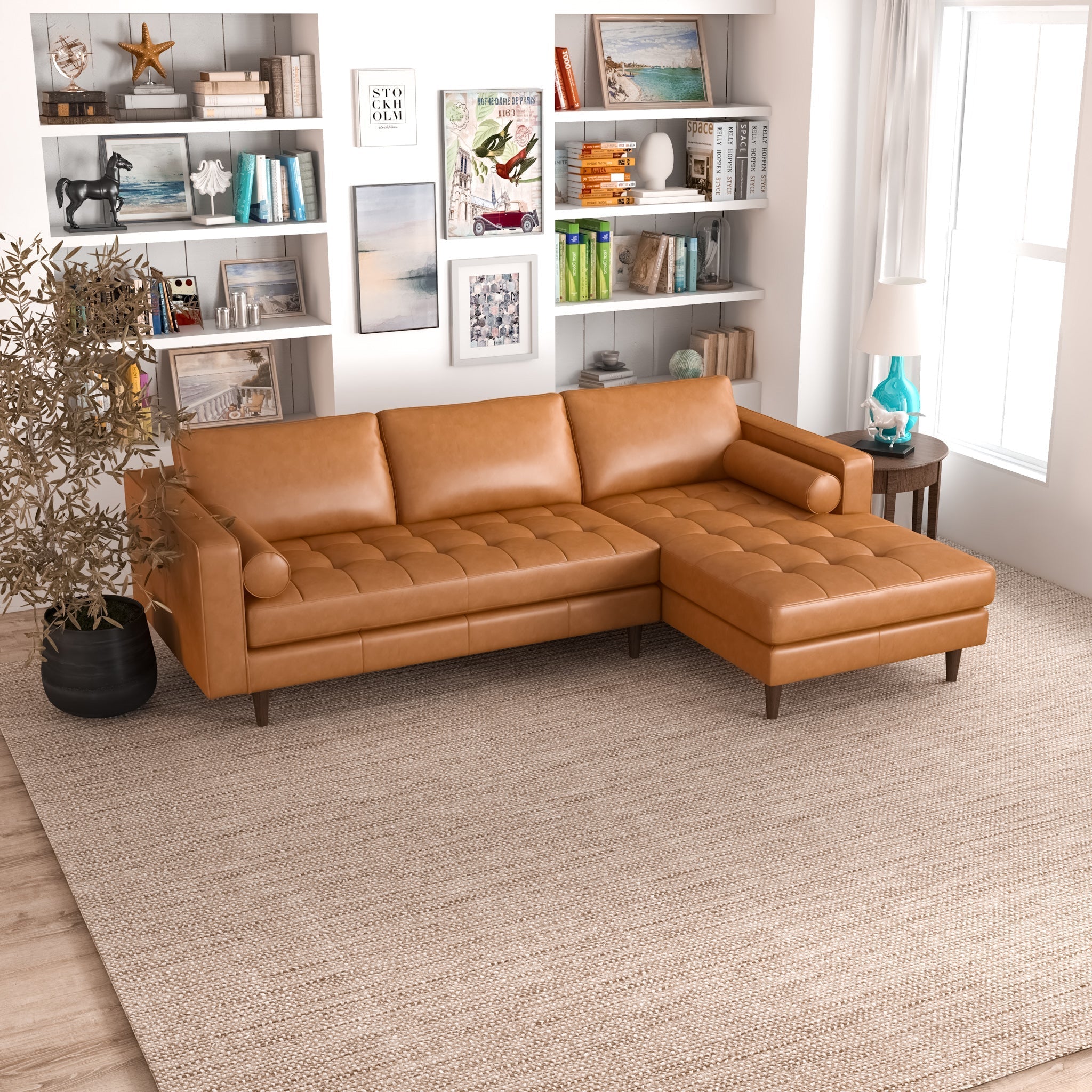 Daphne Leather L Shape Corner Sofa Tan Right Facing