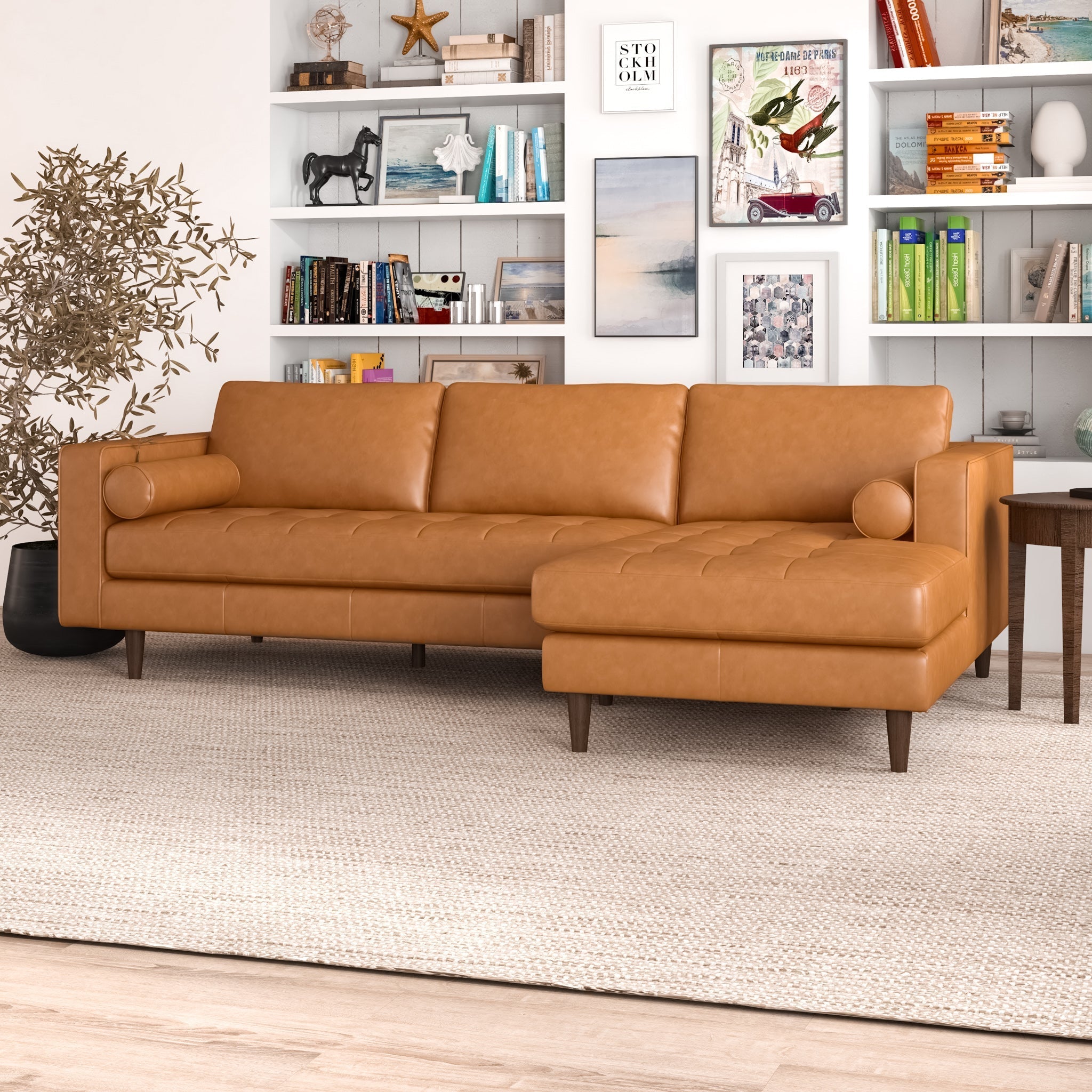 Daphne Leather L Shape Corner Sofa Tan Right Facing