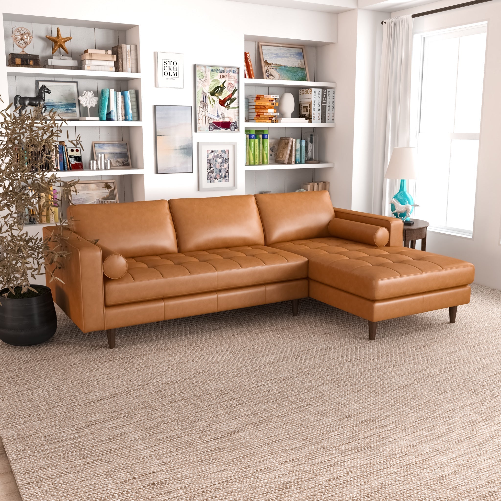 Daphne Leather L Shape Corner Sofa Tan Right Facing