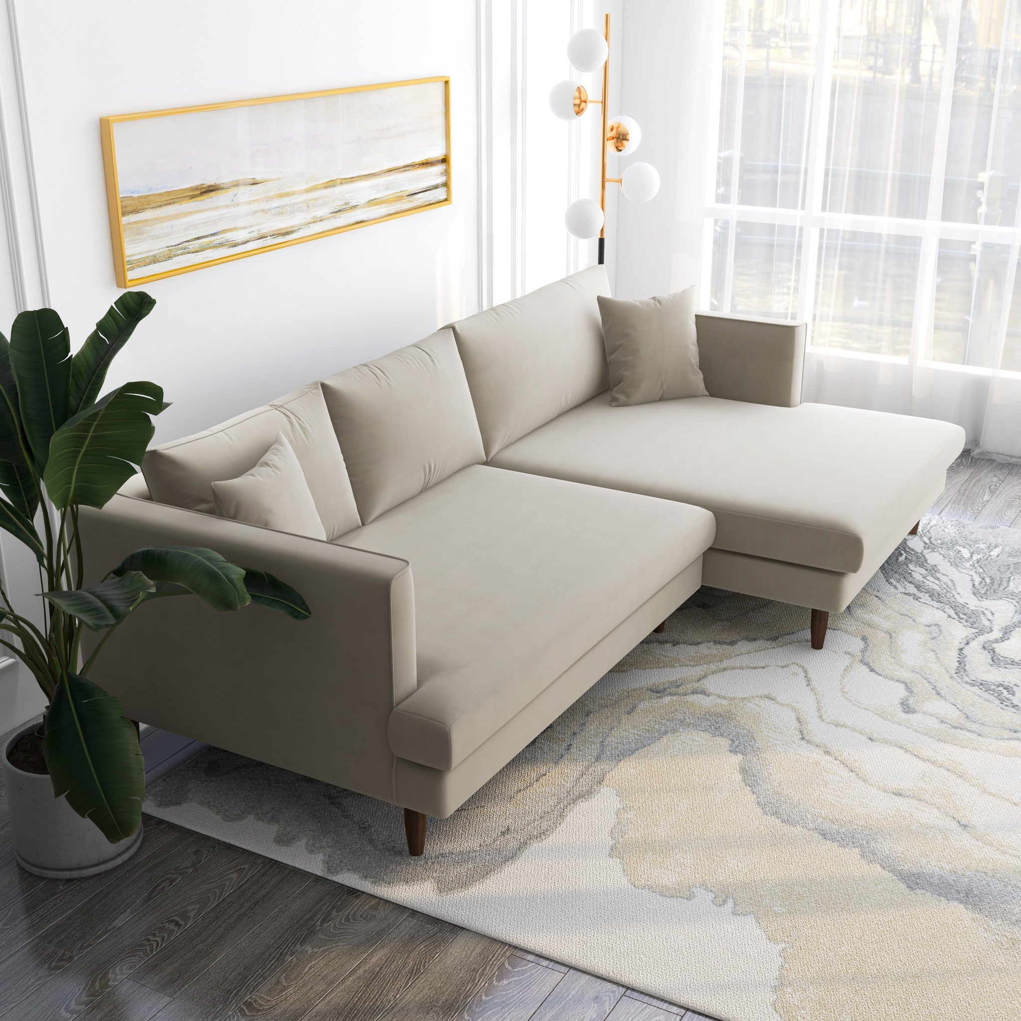 Delano Sectional Sofa Beige Velvet Right Facing Chaise