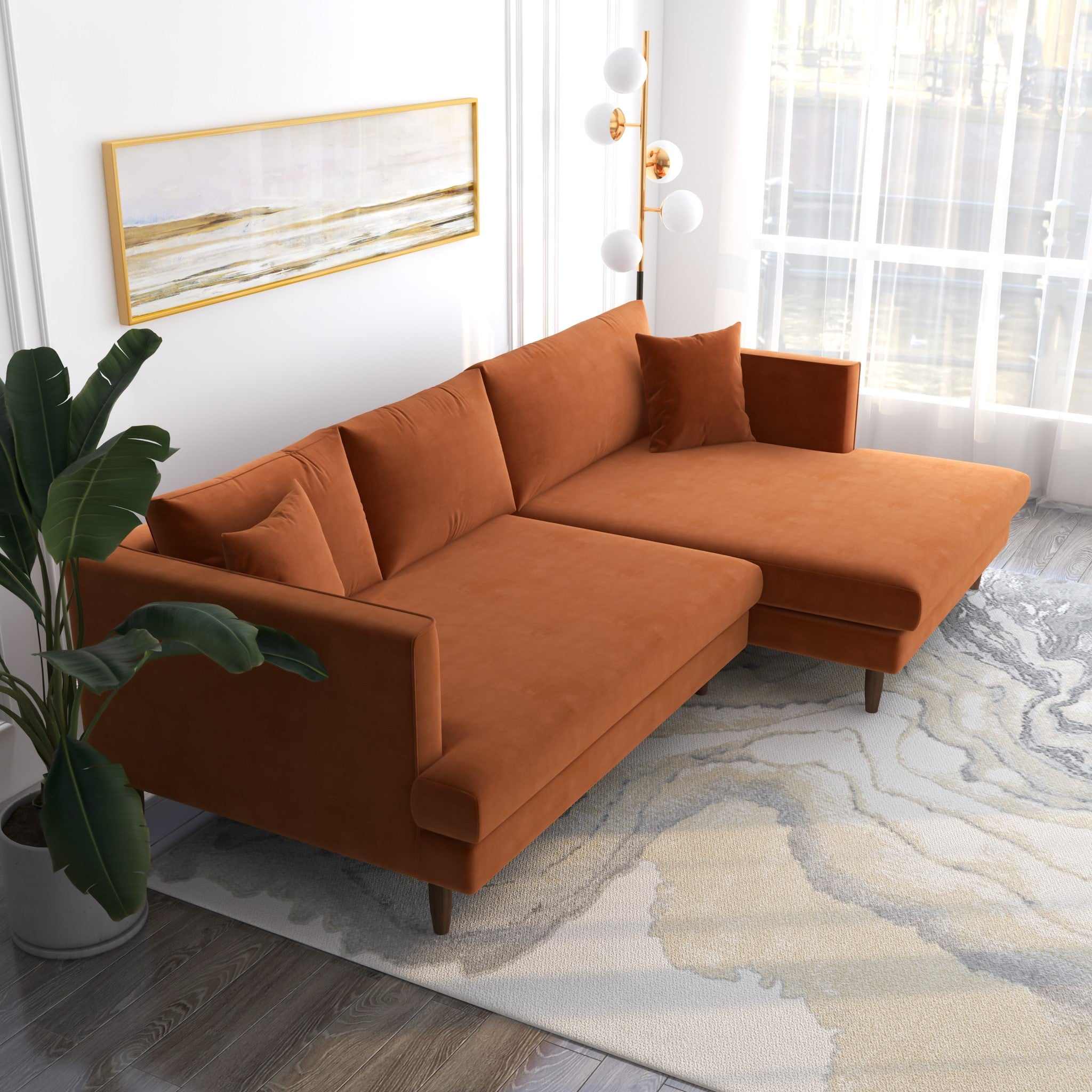 Delano Sectional Sofa Burnt Orange Velvet Right Facing Chaise