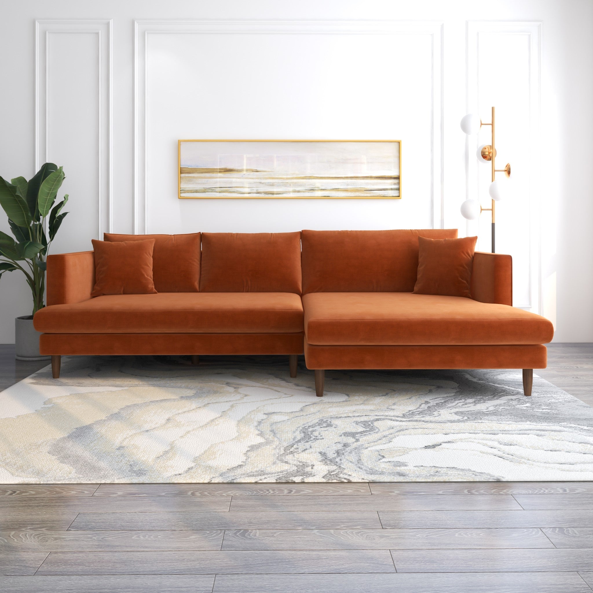 Delano Sectional Sofa Burnt Orange Velvet Right Facing Chaise