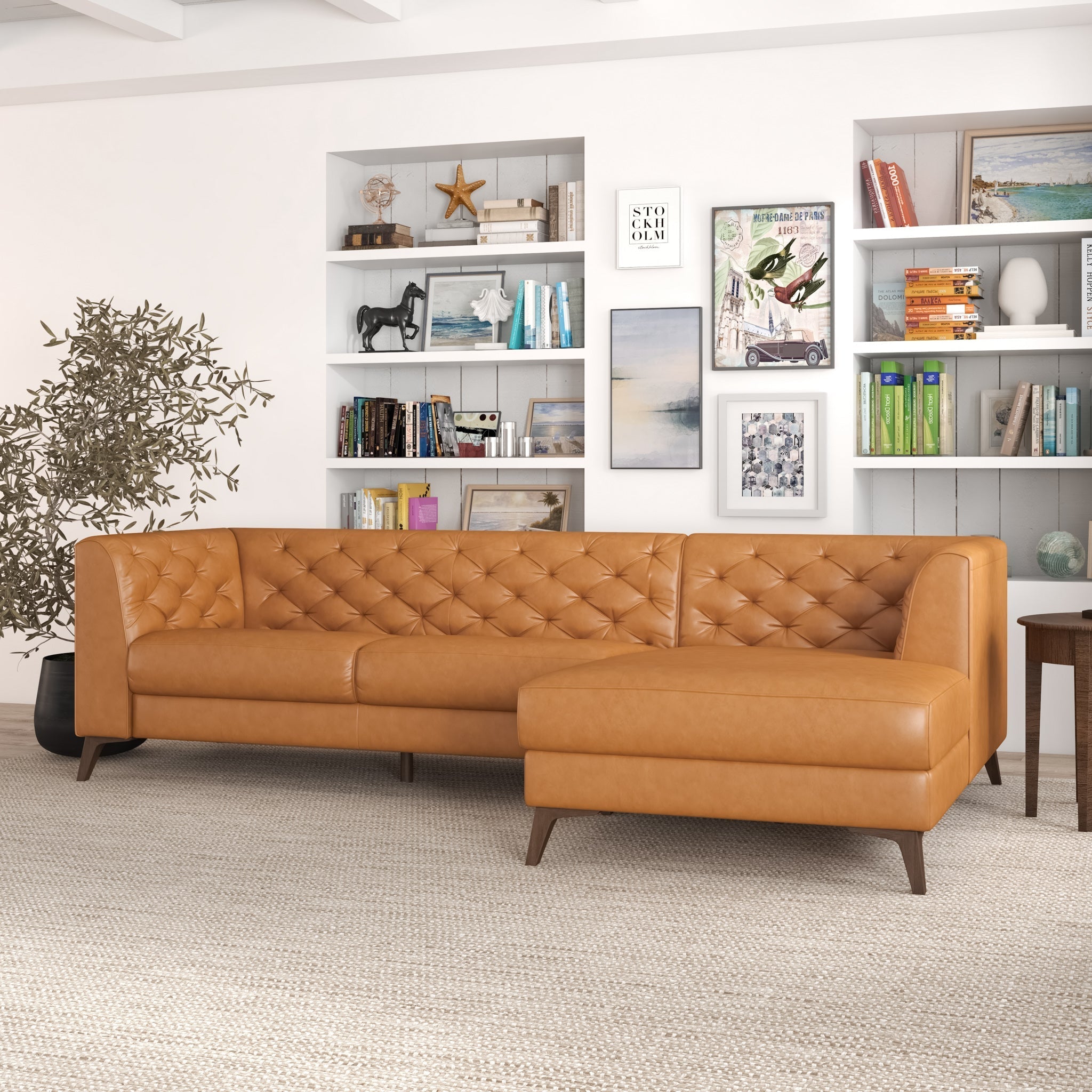 Fargo Sectional Sofa Tan Leather Right Facing Chaise