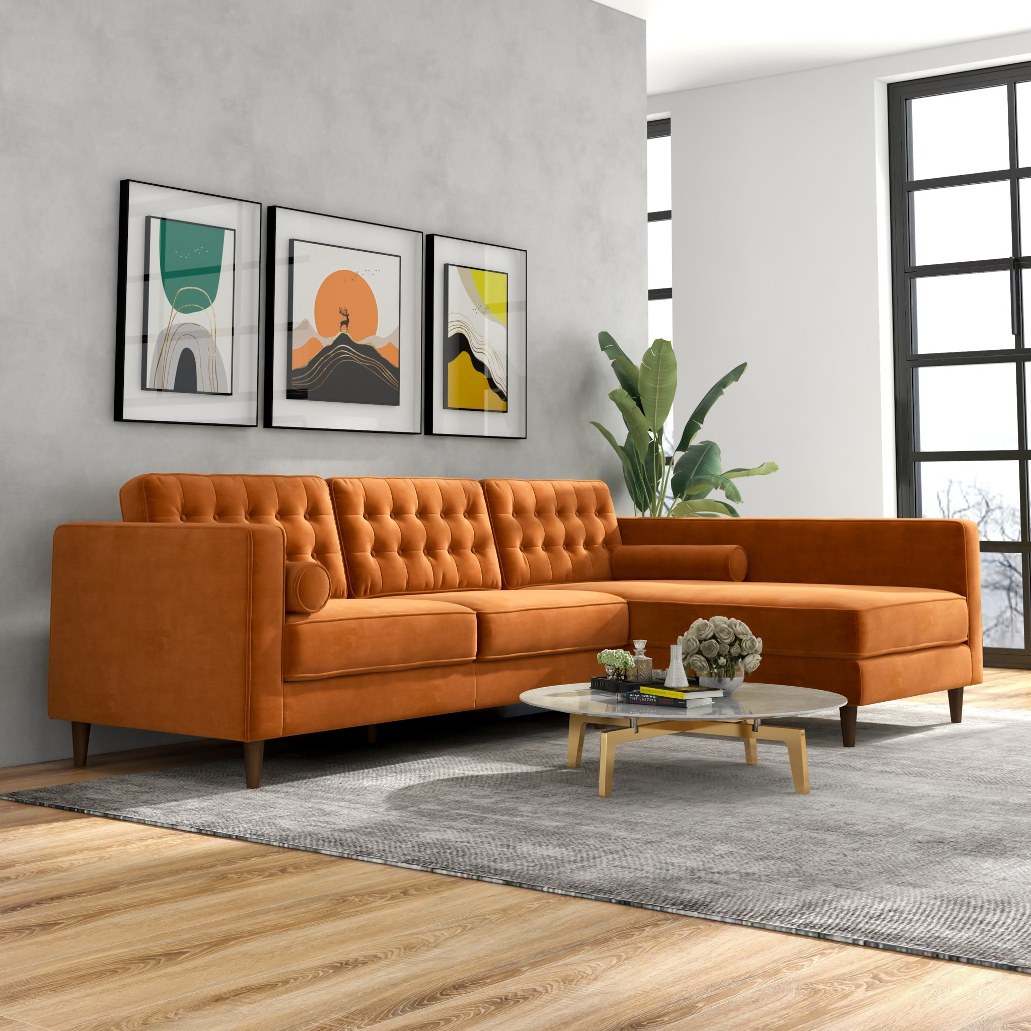 Olson Sectional Sofa Burnt Orange Velvet Right Chaise